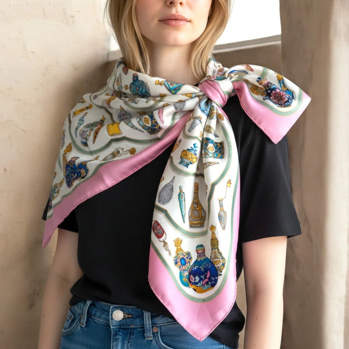 Pre-loved Hermès Pink & Multicolor 'Qu'importe Le Flacon' Silk Scarf 90