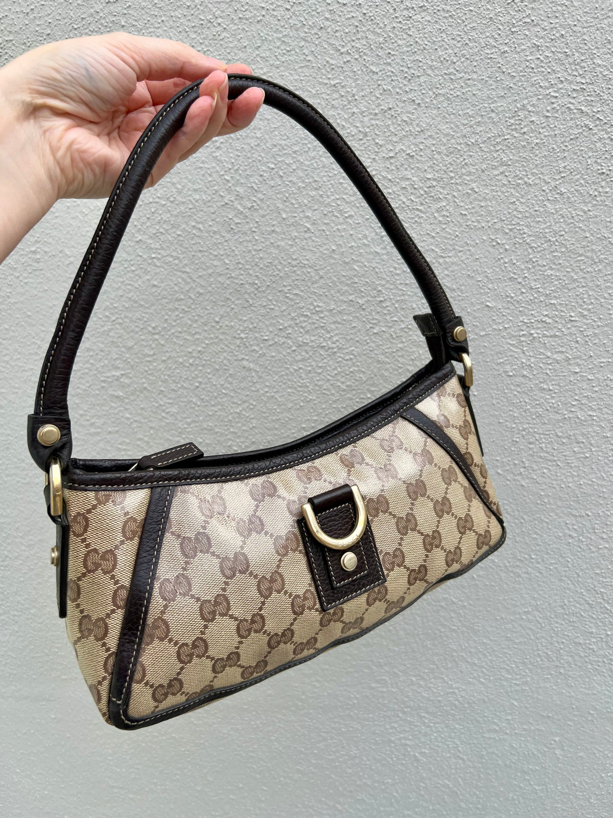 Pre-loved Gucci Crystal Coating GG Canvas Abbey Demi Hobo D-Ring Pochette