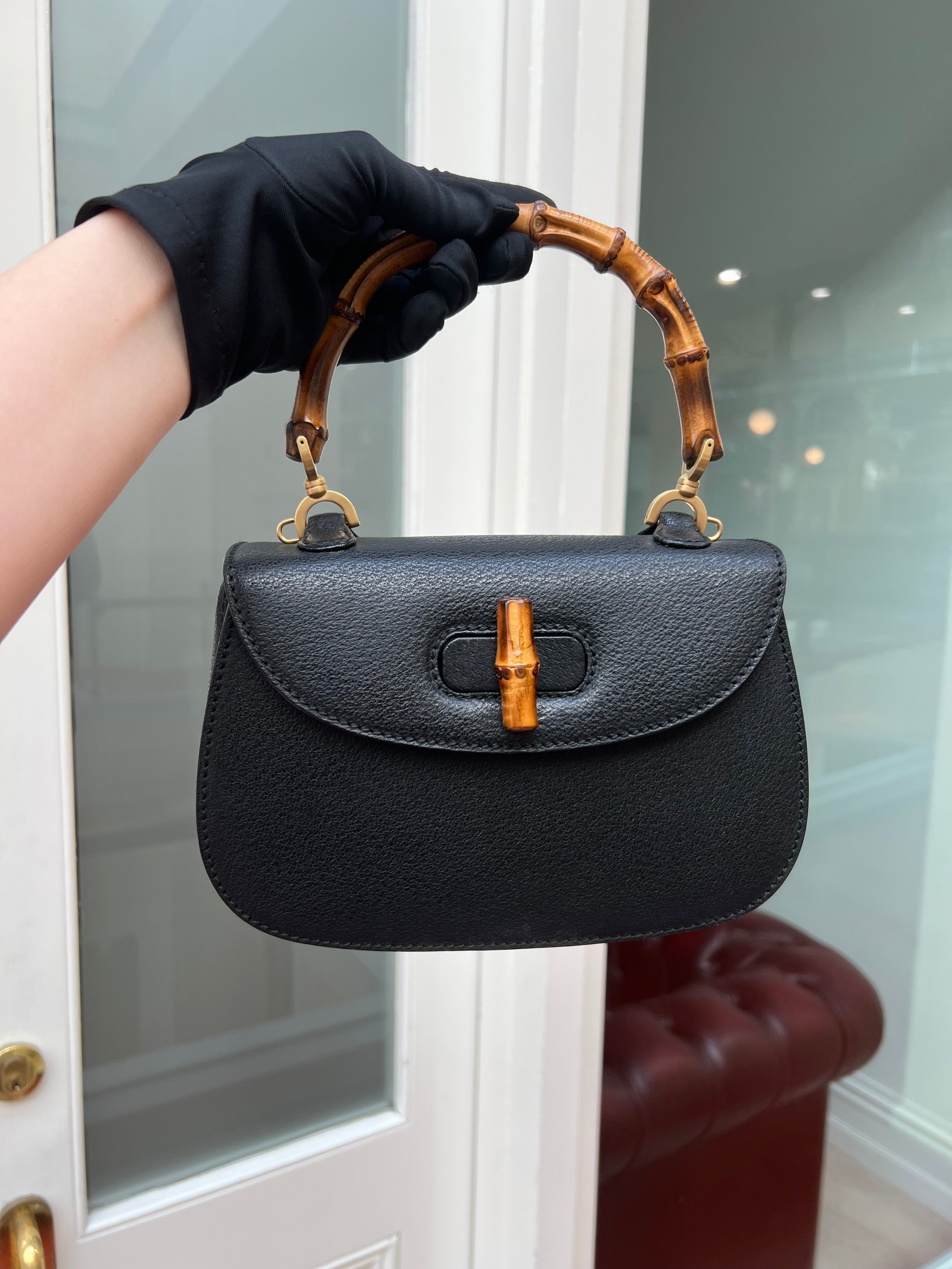 Pre-loved Vintage Gucci Black Leather Bamboo Night 1947 Top Handle