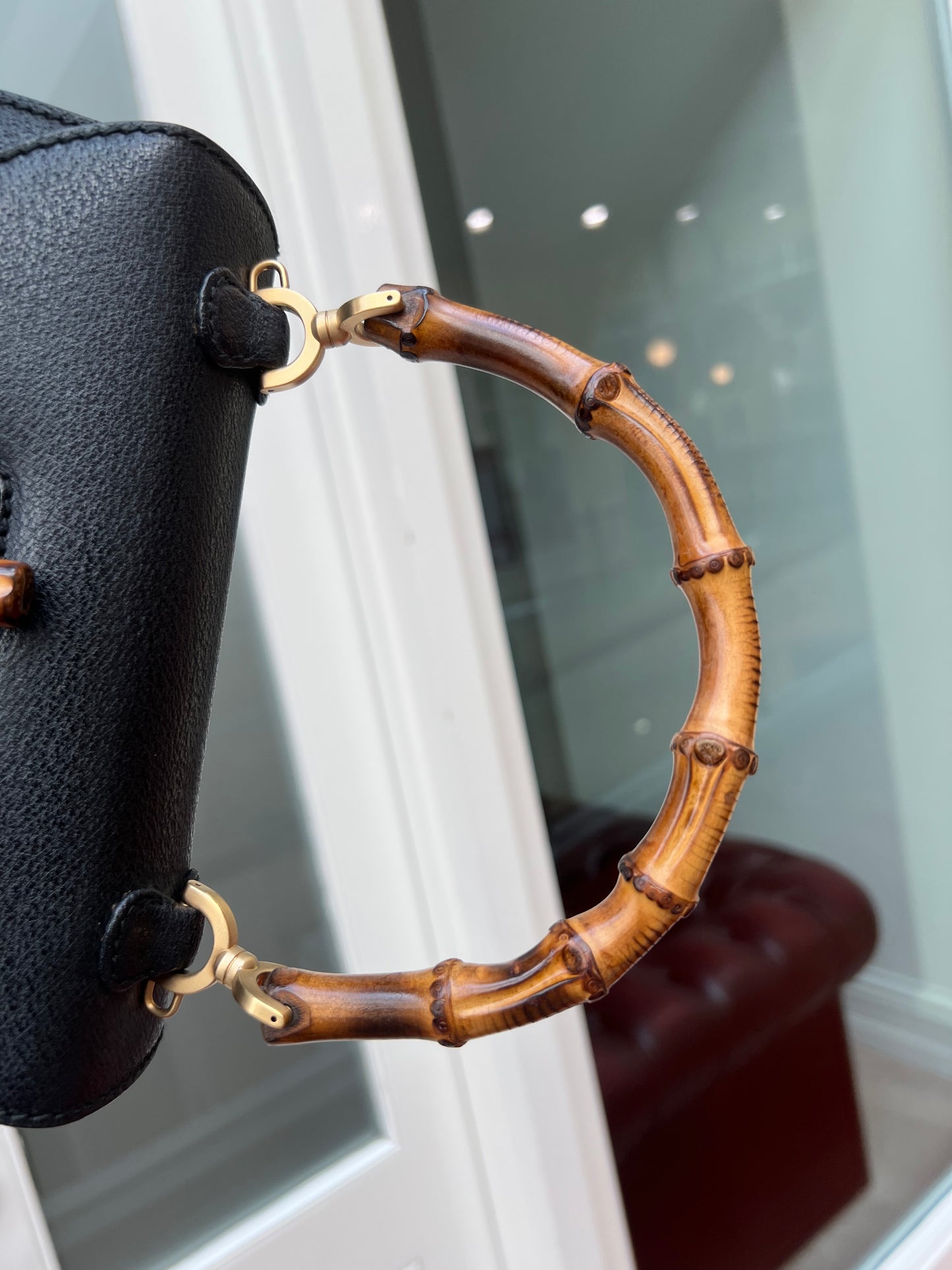 Pre-loved Vintage Gucci Black Leather Bamboo Night 1947 Top Handle Bag 20th Century