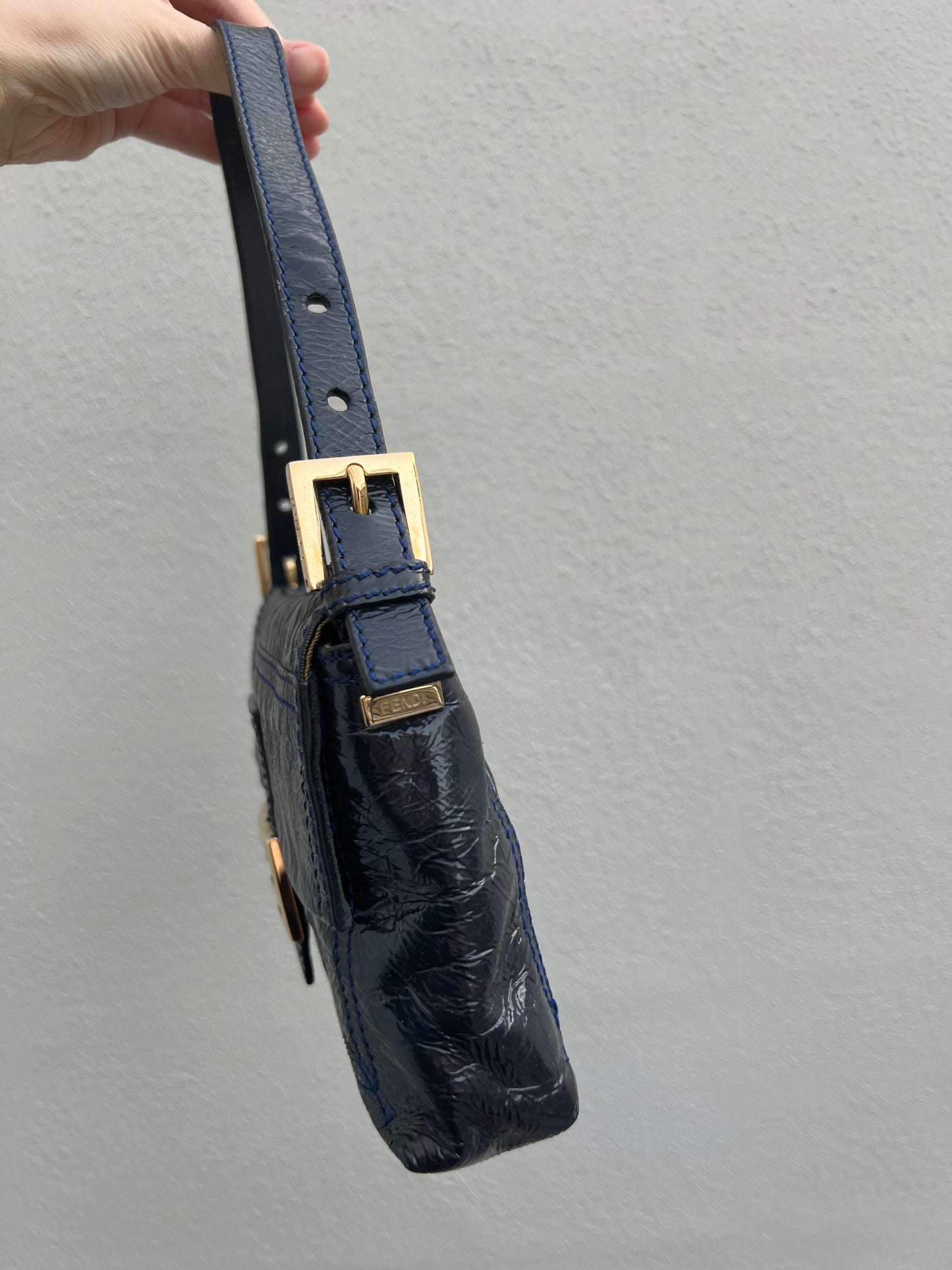 Pre-loved Fendi 3way Patent Leather Baguette Bag Navy Blue