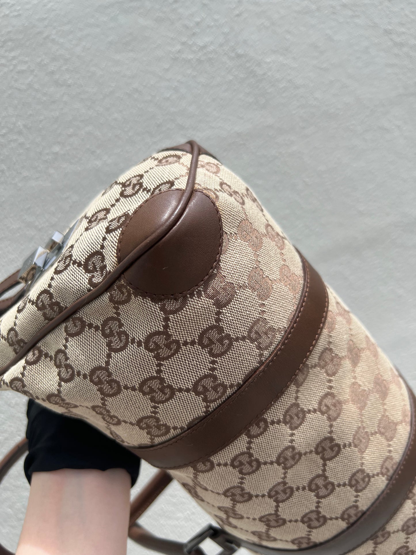 Pre- loved Gucci Beige/Brown GG Canvas and Leather Boston Bag