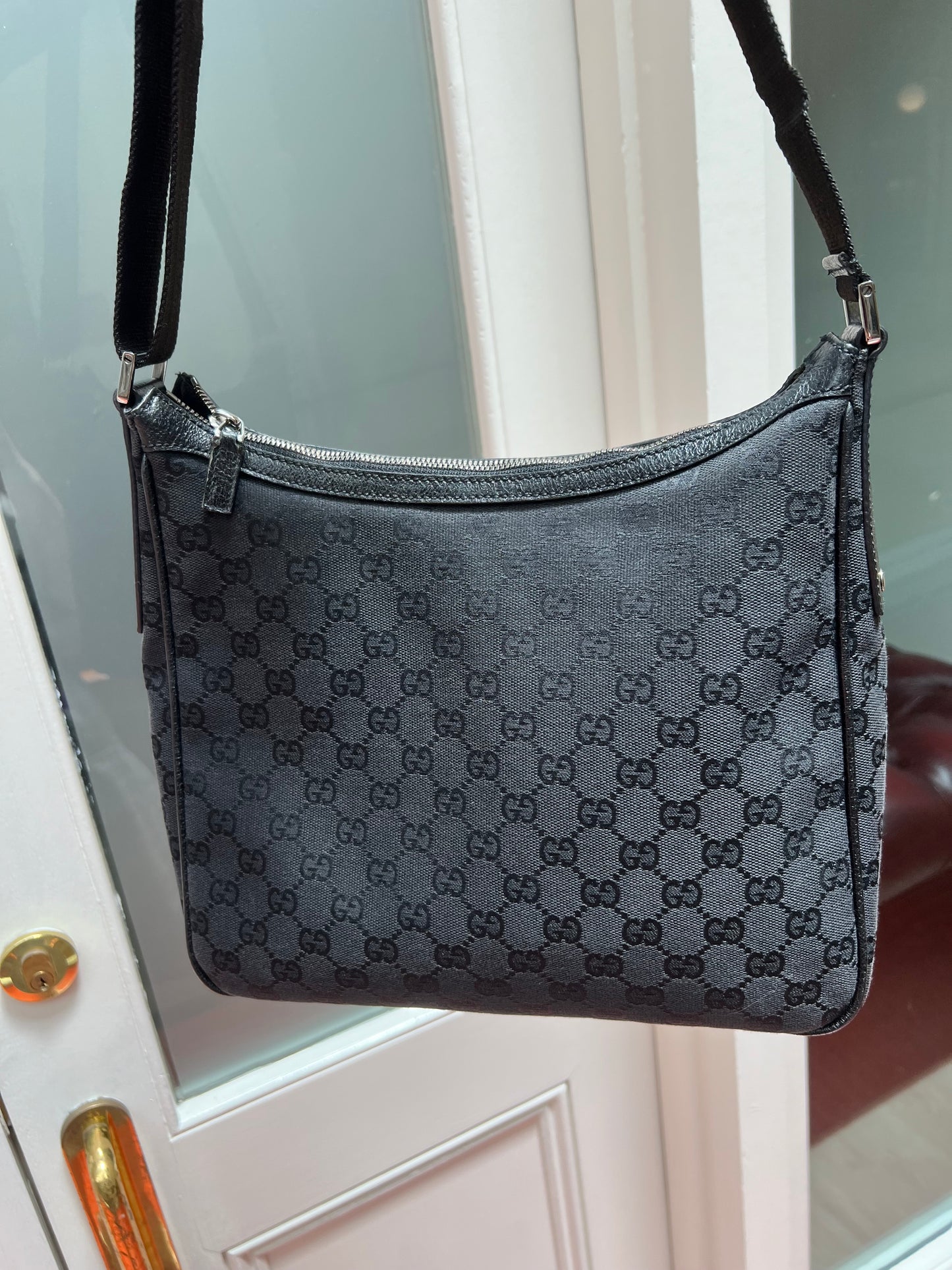 Pre-loved Gucci Black GG Canvas and Leather Crossbody Bag