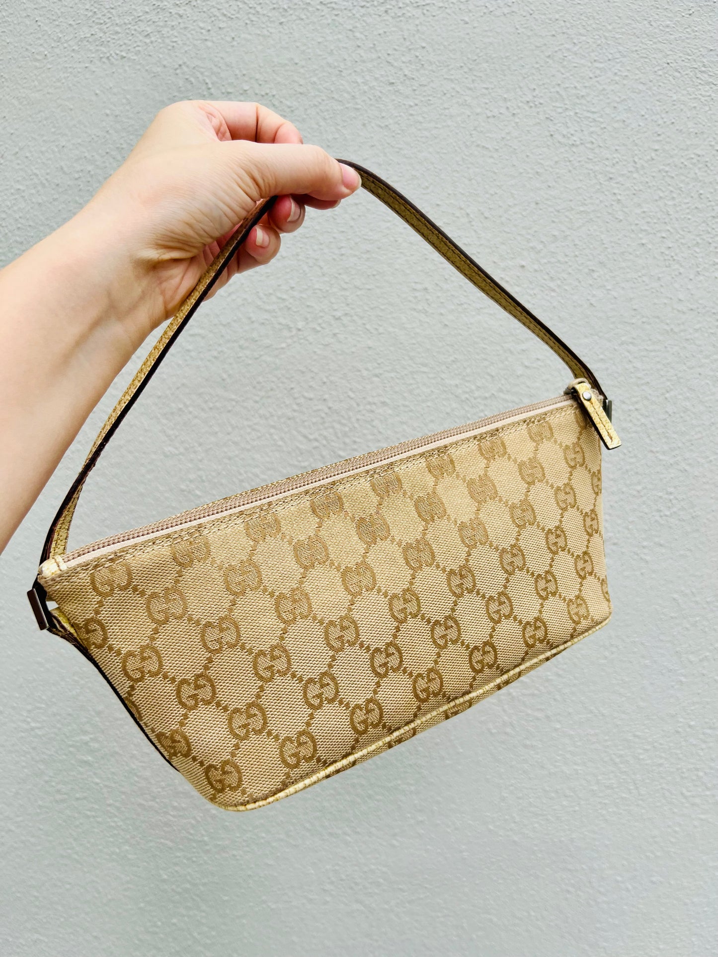 Pre-loved Gucci vintage GG Canvas Boat Baguette Bag Soft Lemon Sorbet Tone