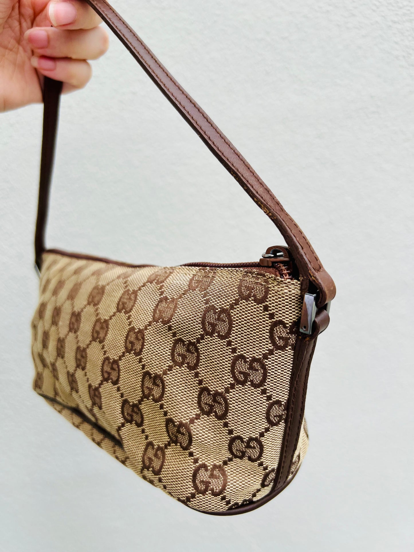 Pre-loved Gucci vintage GG Canvas Boat Baguette Bag Brown