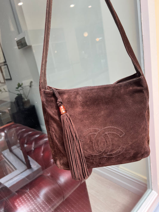 Pre-loved Chanel Vintage Brown Suede Tassel CC Shoulder Bag