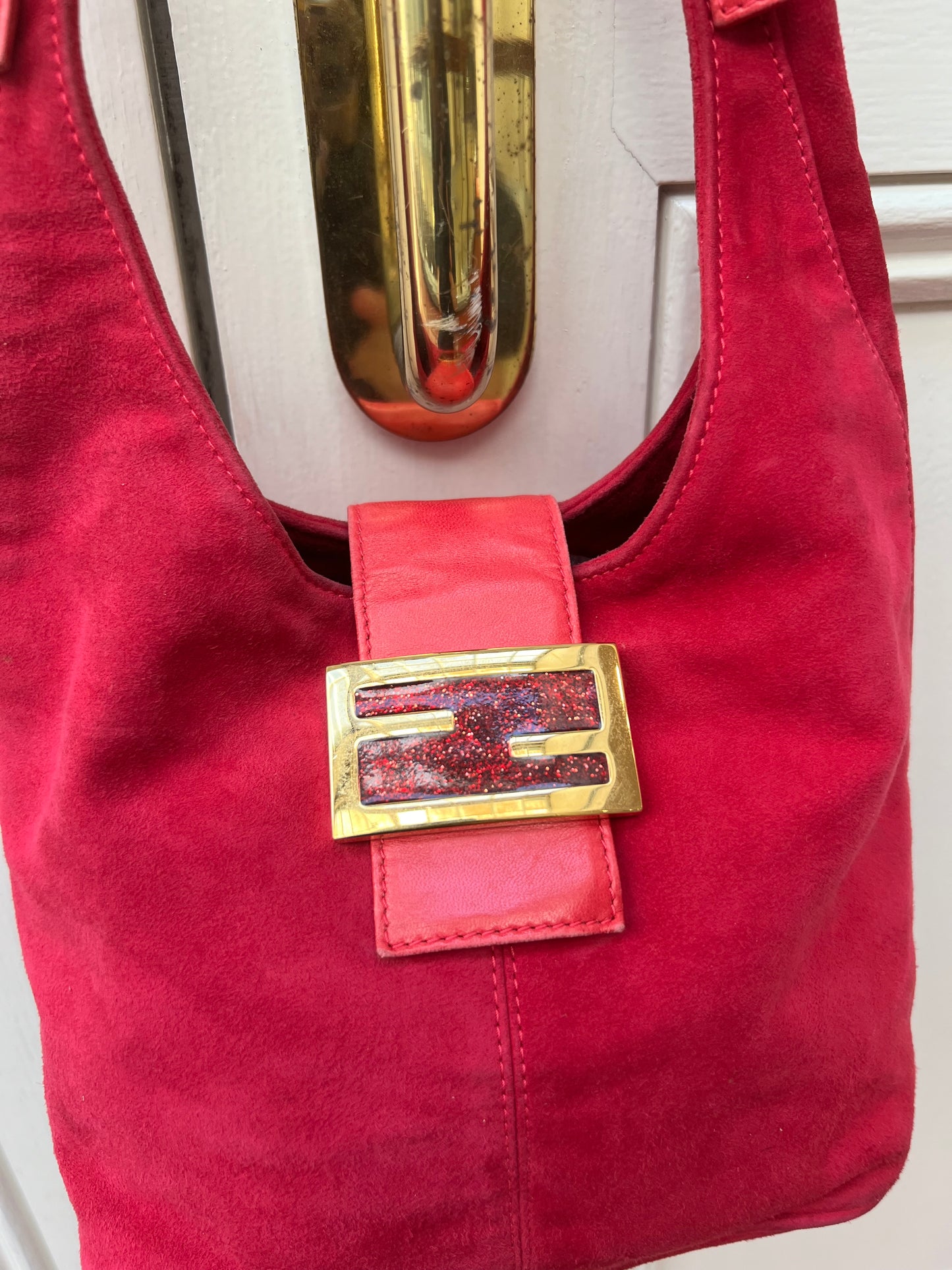 Pre-loved FENDI Mamma Baguette Pink Suede Gold Glitter Flap Shoulder Bag