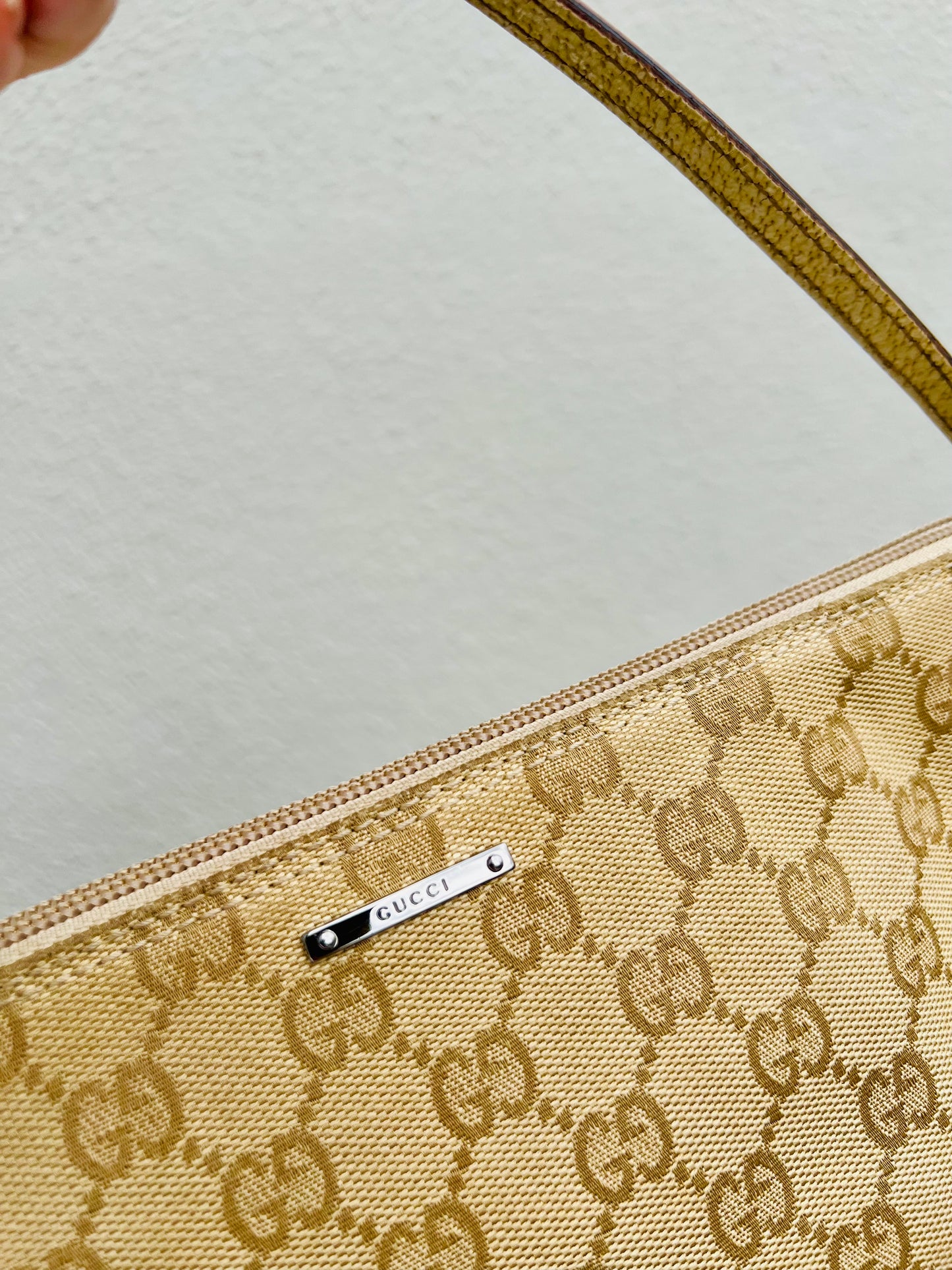 Pre-loved Gucci vintage GG Canvas Boat Baguette Bag Soft Lemon Sorbet Tone