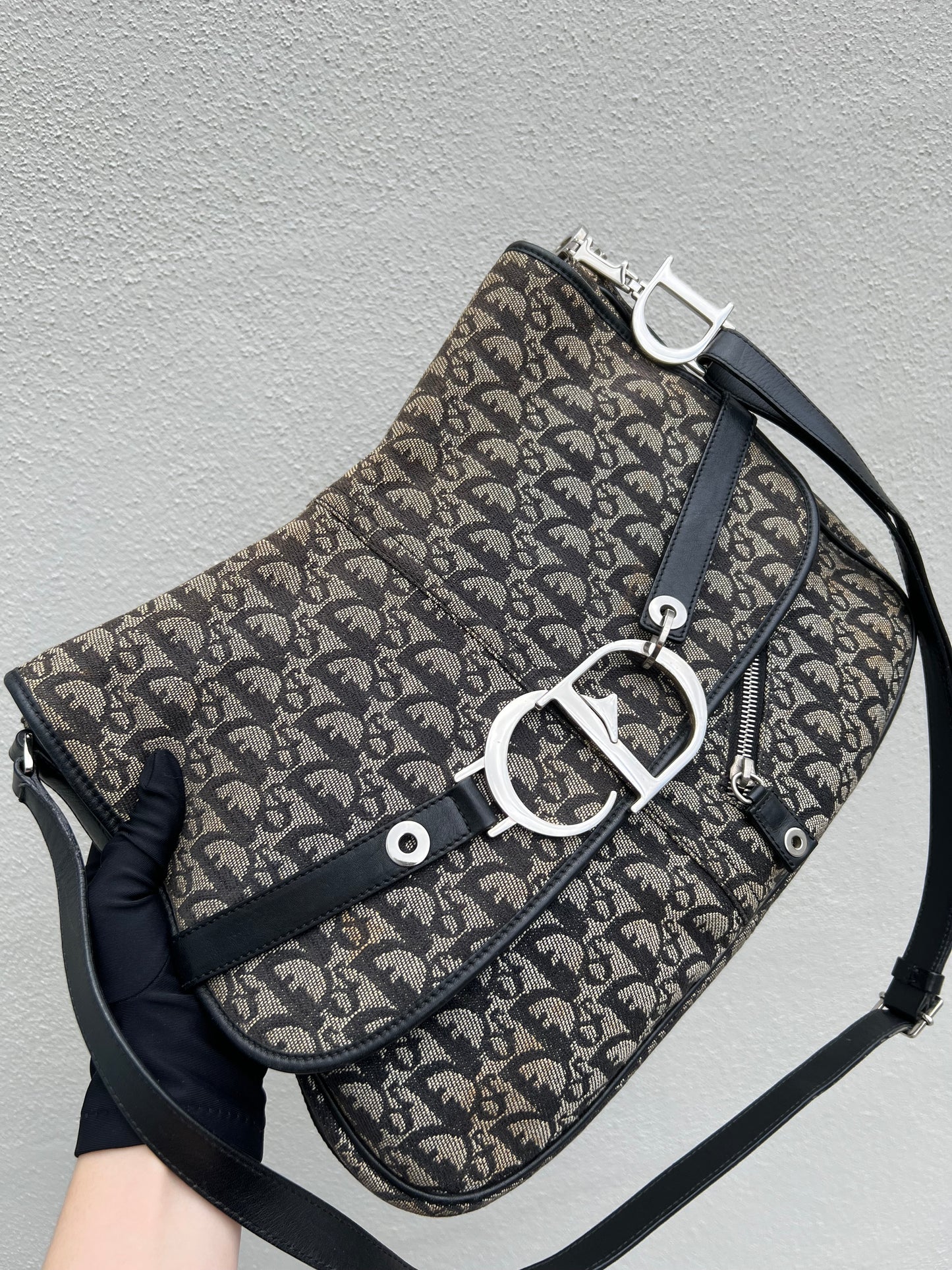 Pre-loved Dior Trotter Logo Canvas CD Flap Large Messenger Crossbody Saddle Bag