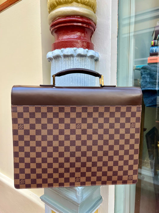 Pre-loved Louis Vuitton Altona Briefcase in brown checkerboard canvas and brown leather 2001