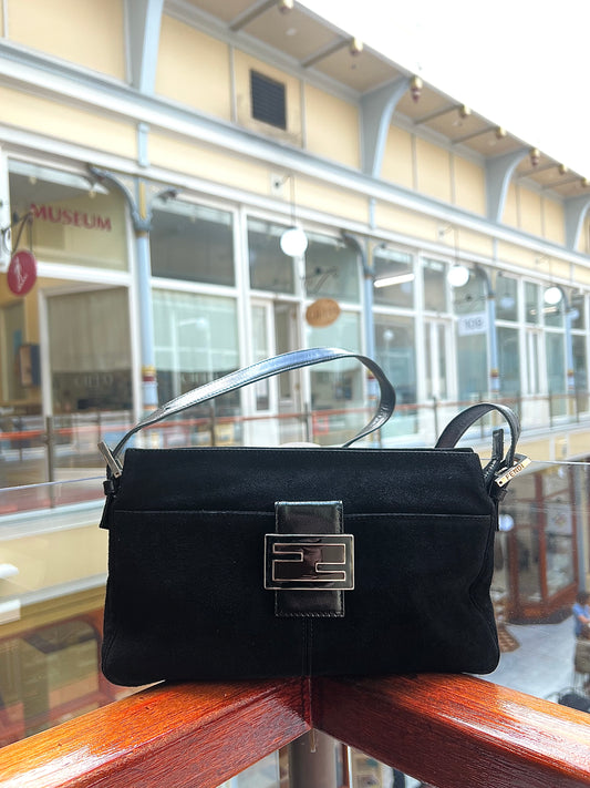 Pre-loved Fendi Baguette in a Beautiful Black Suede Shoulder Bag