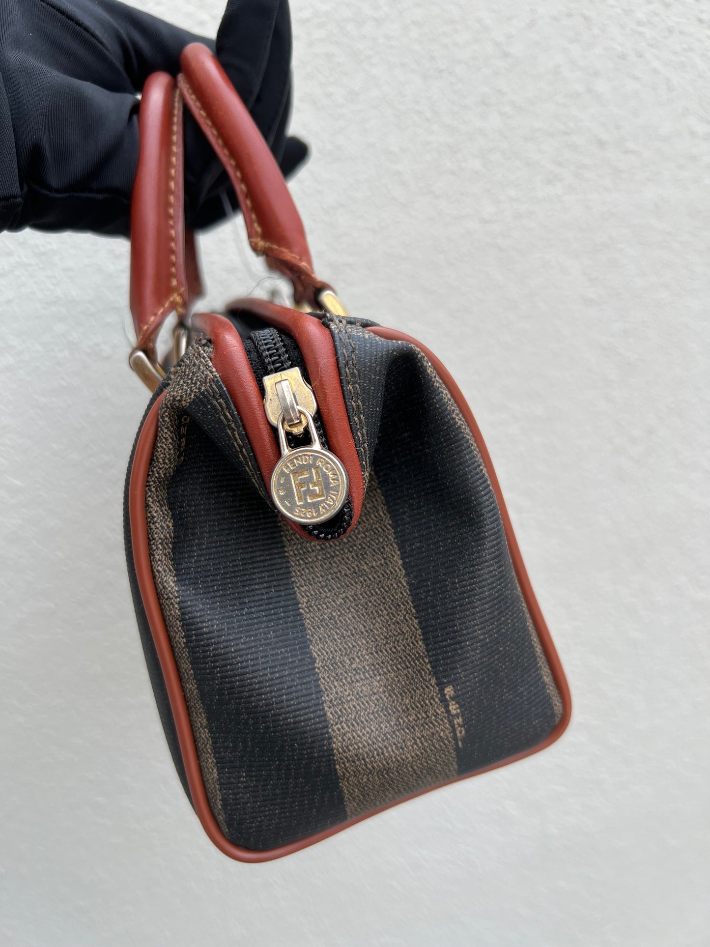 Pre-loved Fendi Pecan Handbag Mini Boston Bag Leather Black Beige Brown