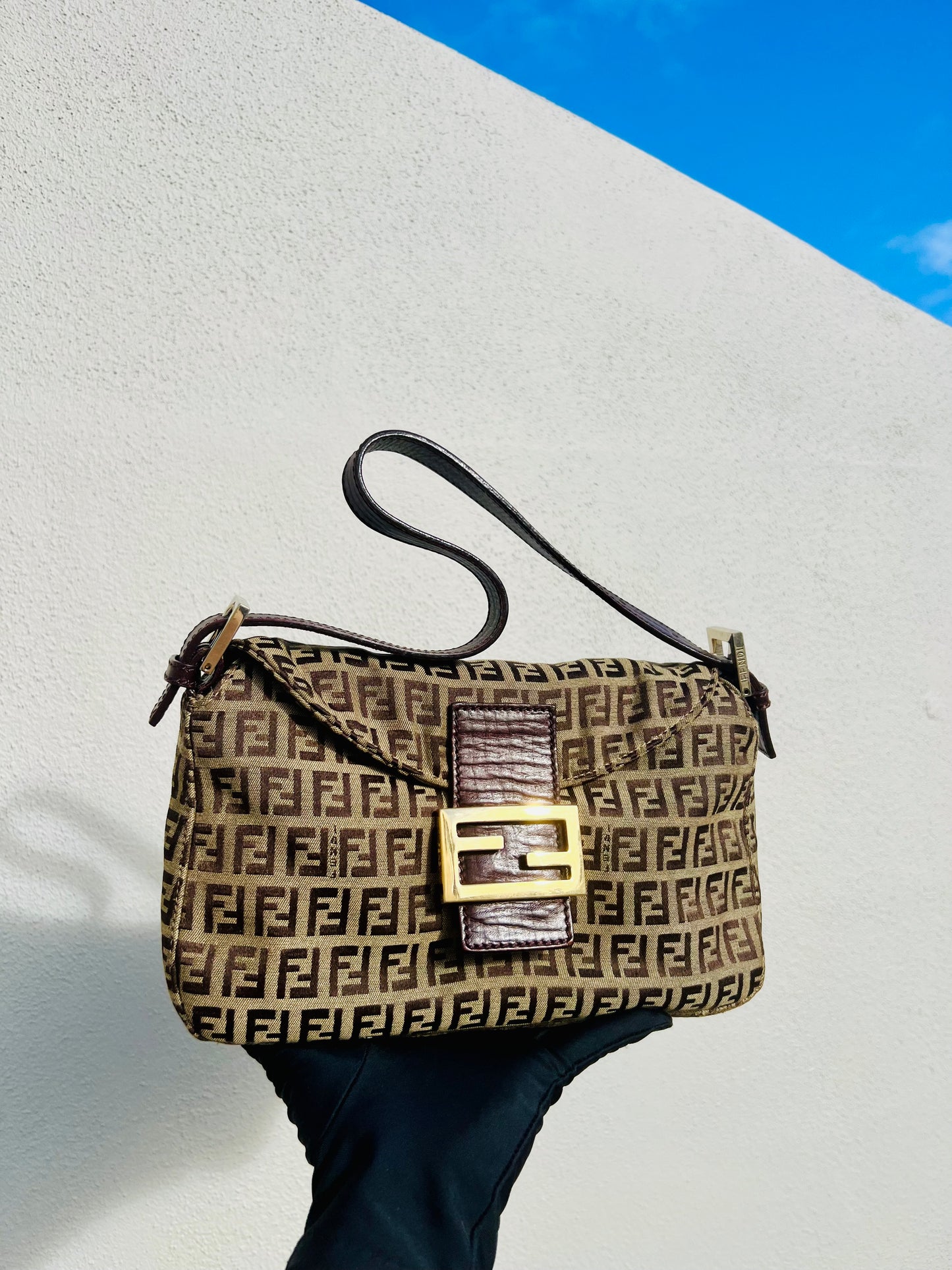 Pre-loved Fendi Vintage Zucchino Pattern Baguette Handbag Brown