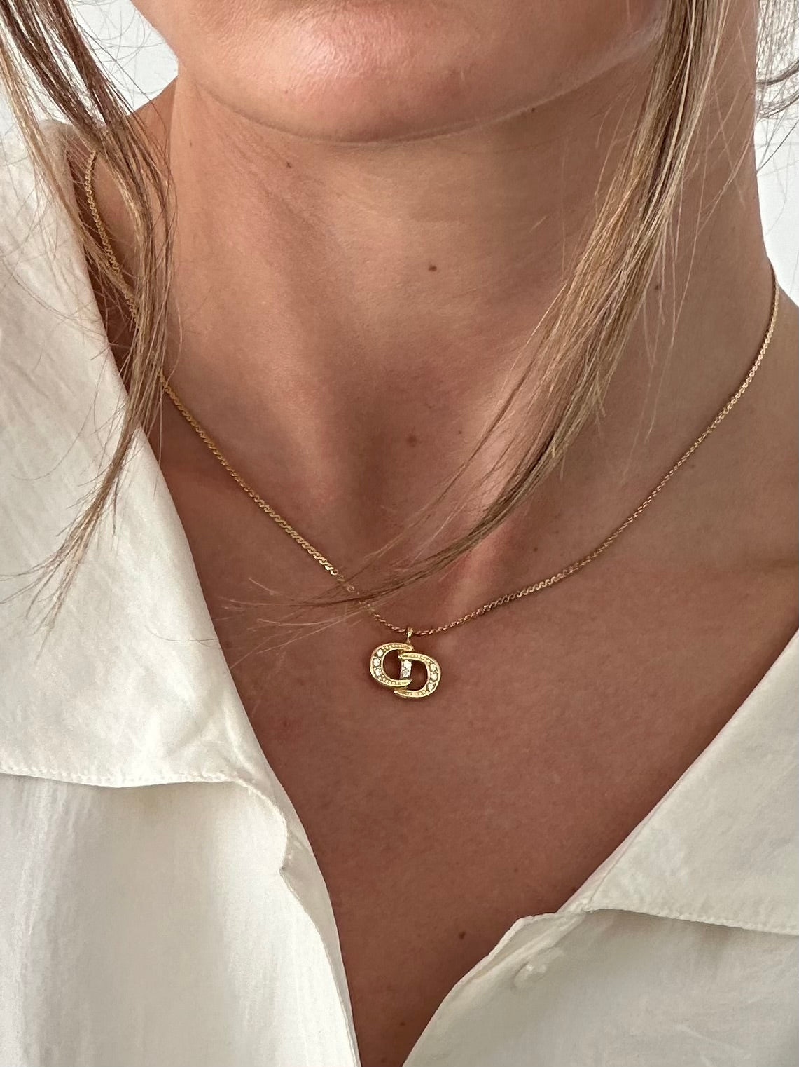 Pre-loved Christian Dior Vintage Gold Plated Rhinestone Logo Pendant Necklace