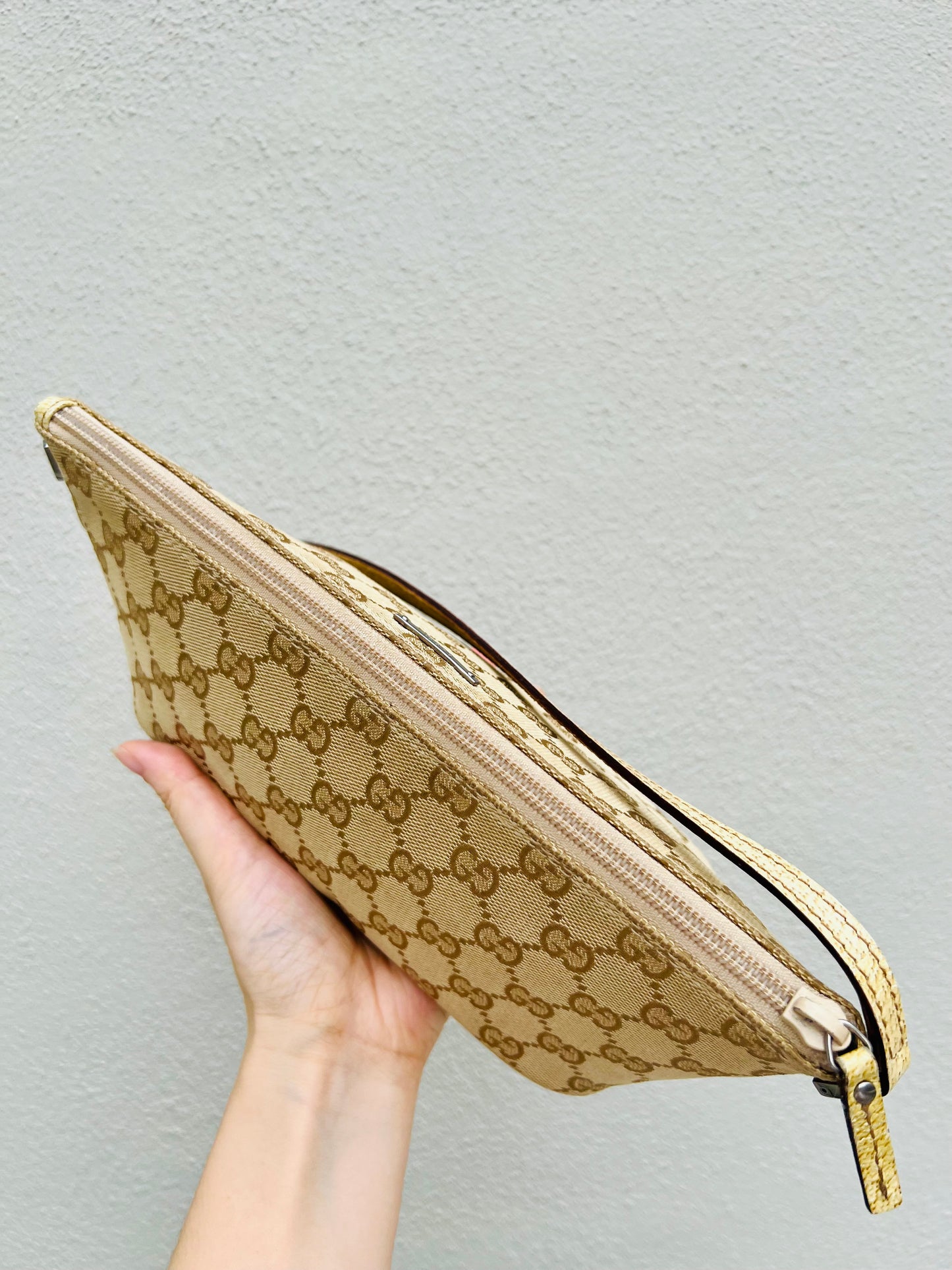 Pre-loved Gucci vintage GG Canvas Boat Baguette Bag Soft Lemon Sorbet Tone
