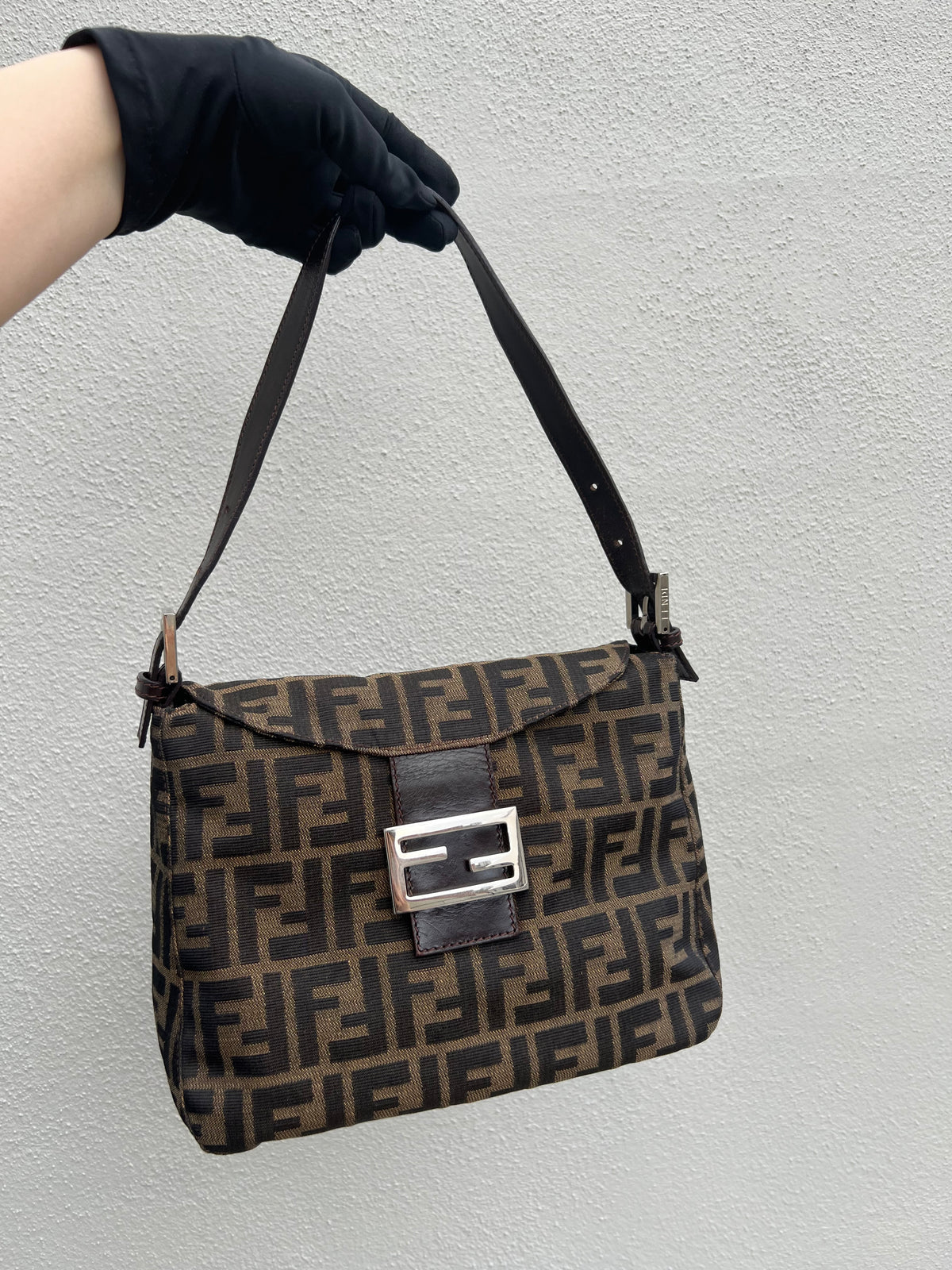 Pre-loved Fendi Zucca Double Flap Baguette Shoulder Bag
