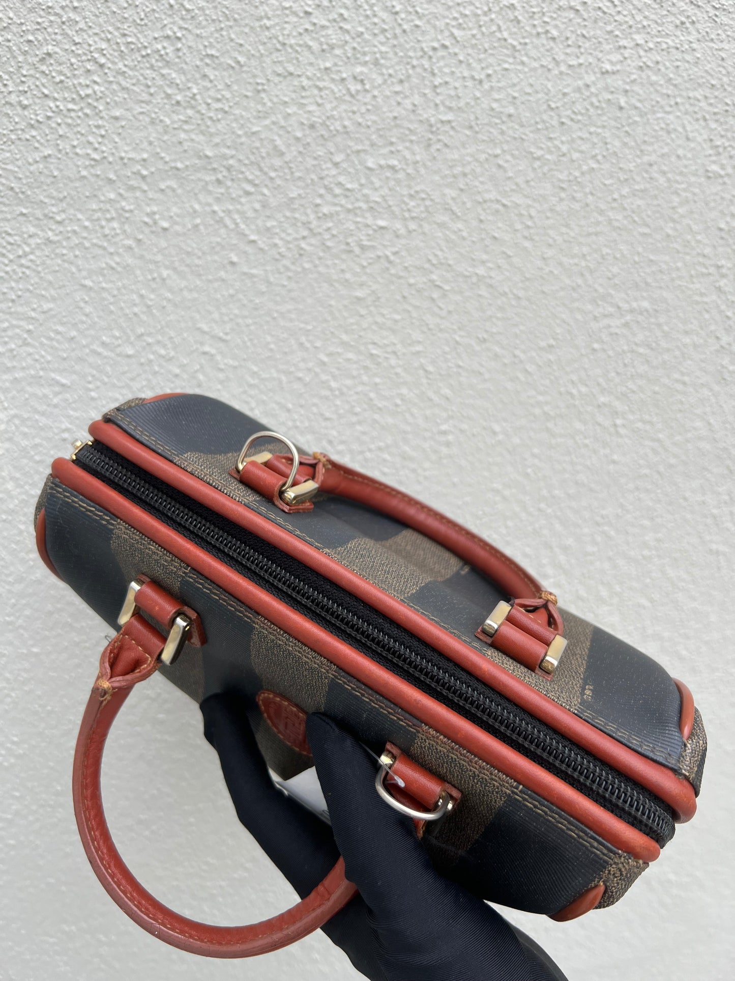 Pre-loved Fendi Pecan Handbag Mini Boston Bag Leather Black Beige Brown