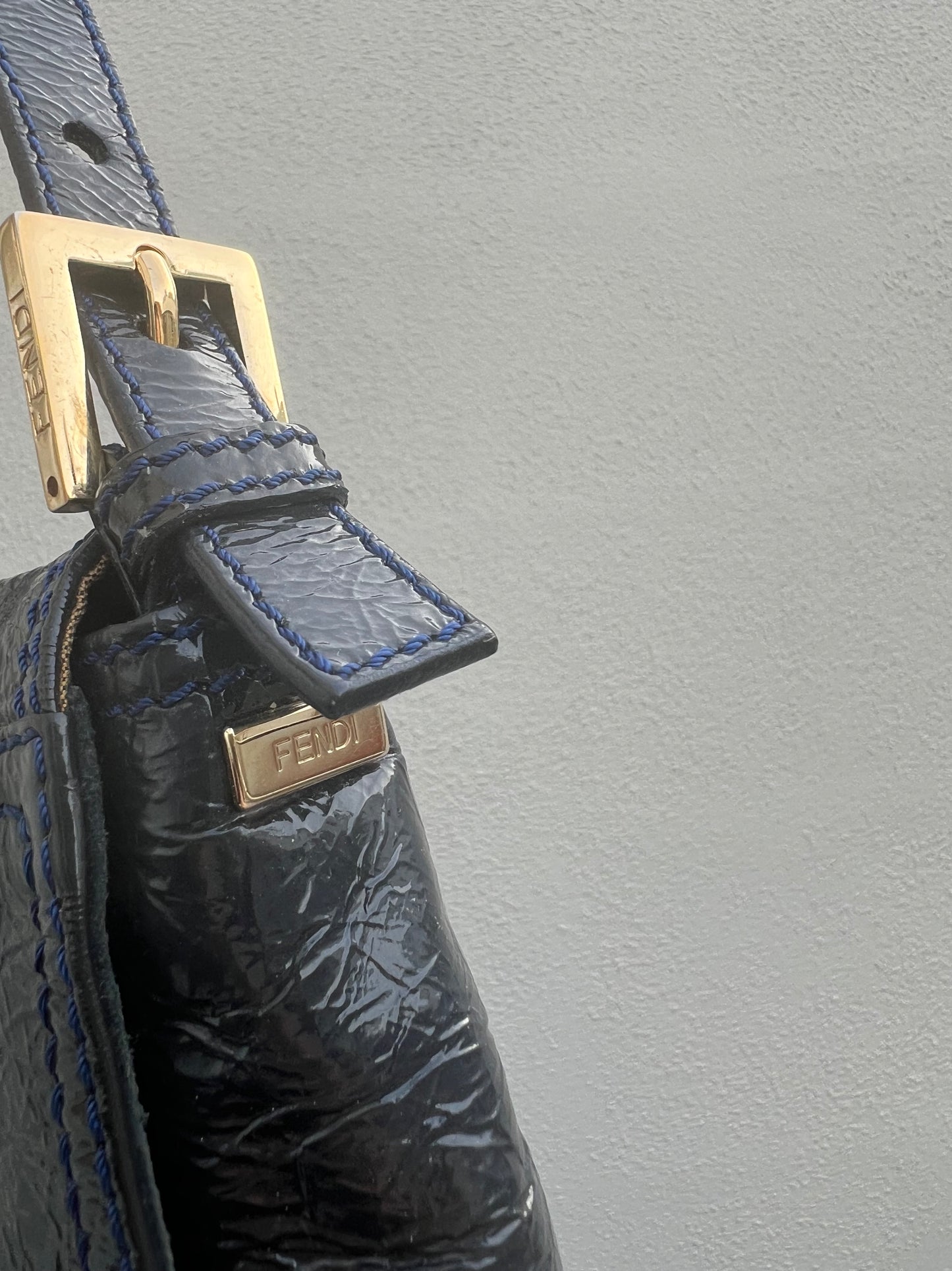 Pre-loved Fendi 3way Patent Leather Baguette Bag Navy Blue