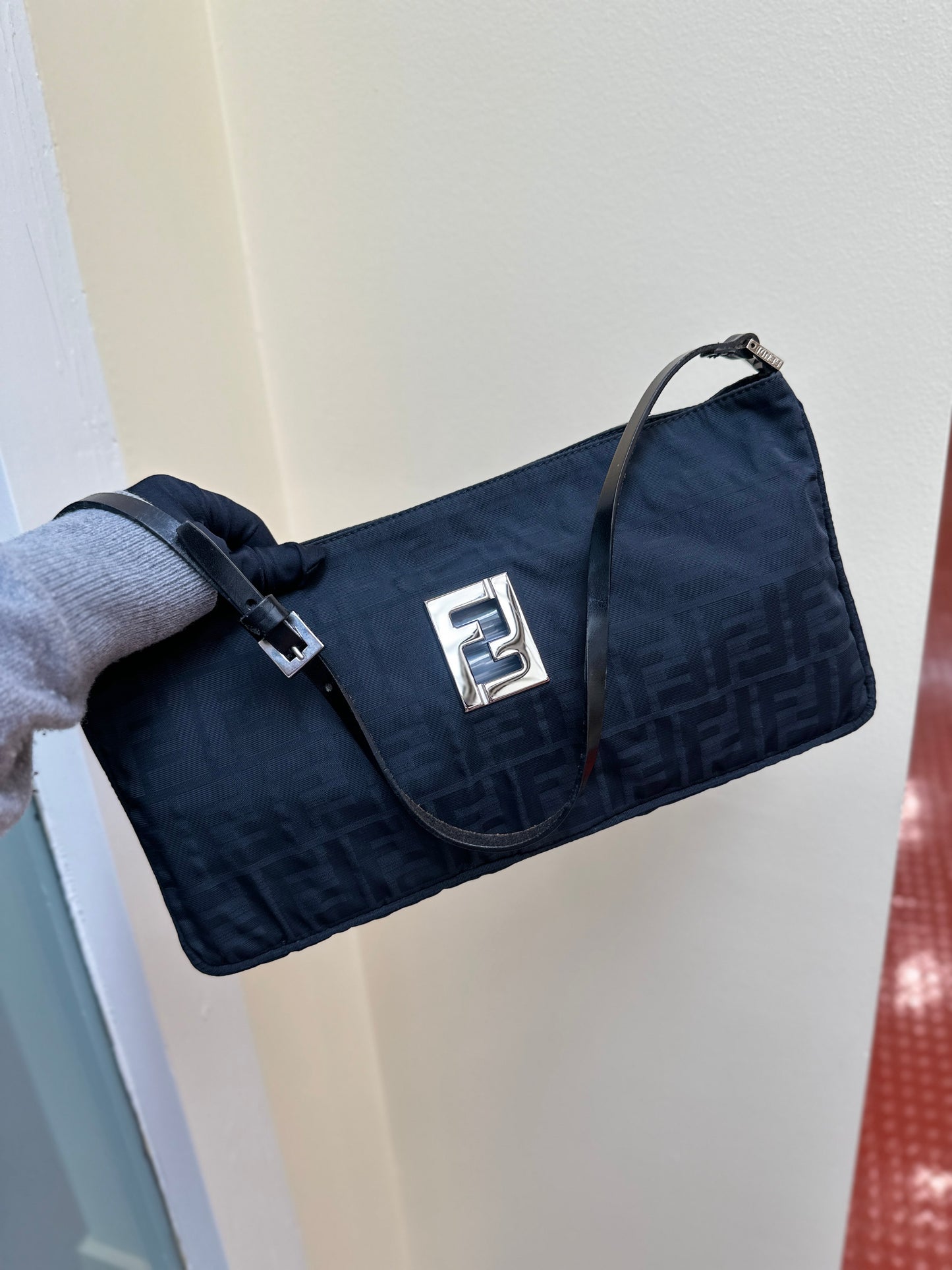 Pre-loved Fendi Zucco Print Hobo Shoulder Bag Black