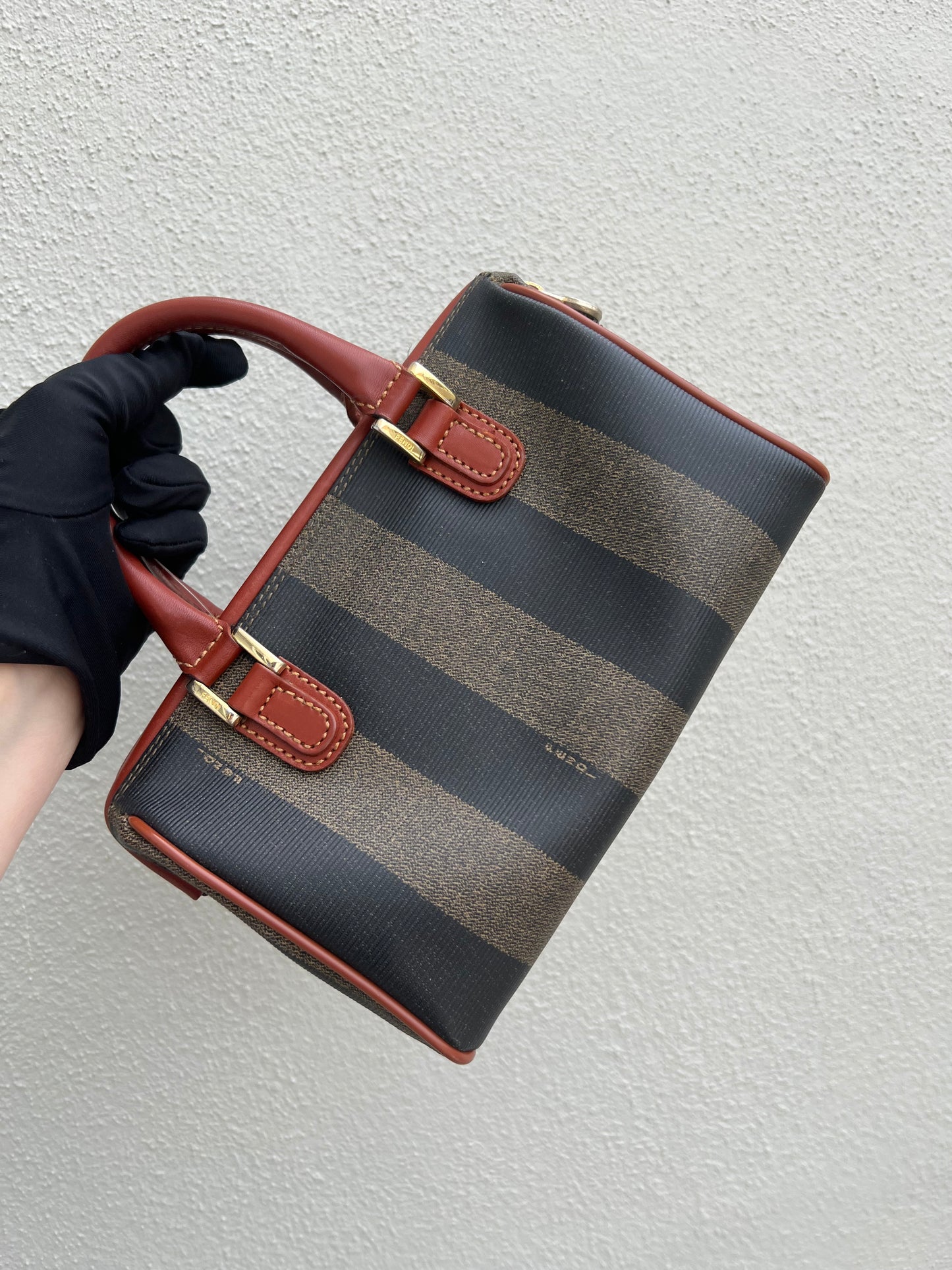 Pre-loved Fendi Pecan Handbag Mini Boston Bag Leather Black Beige Brown