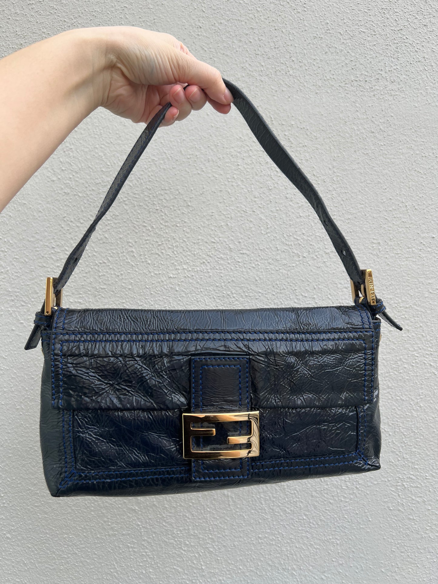 Pre-loved Fendi 3way Patent Leather Baguette Bag Navy Blue