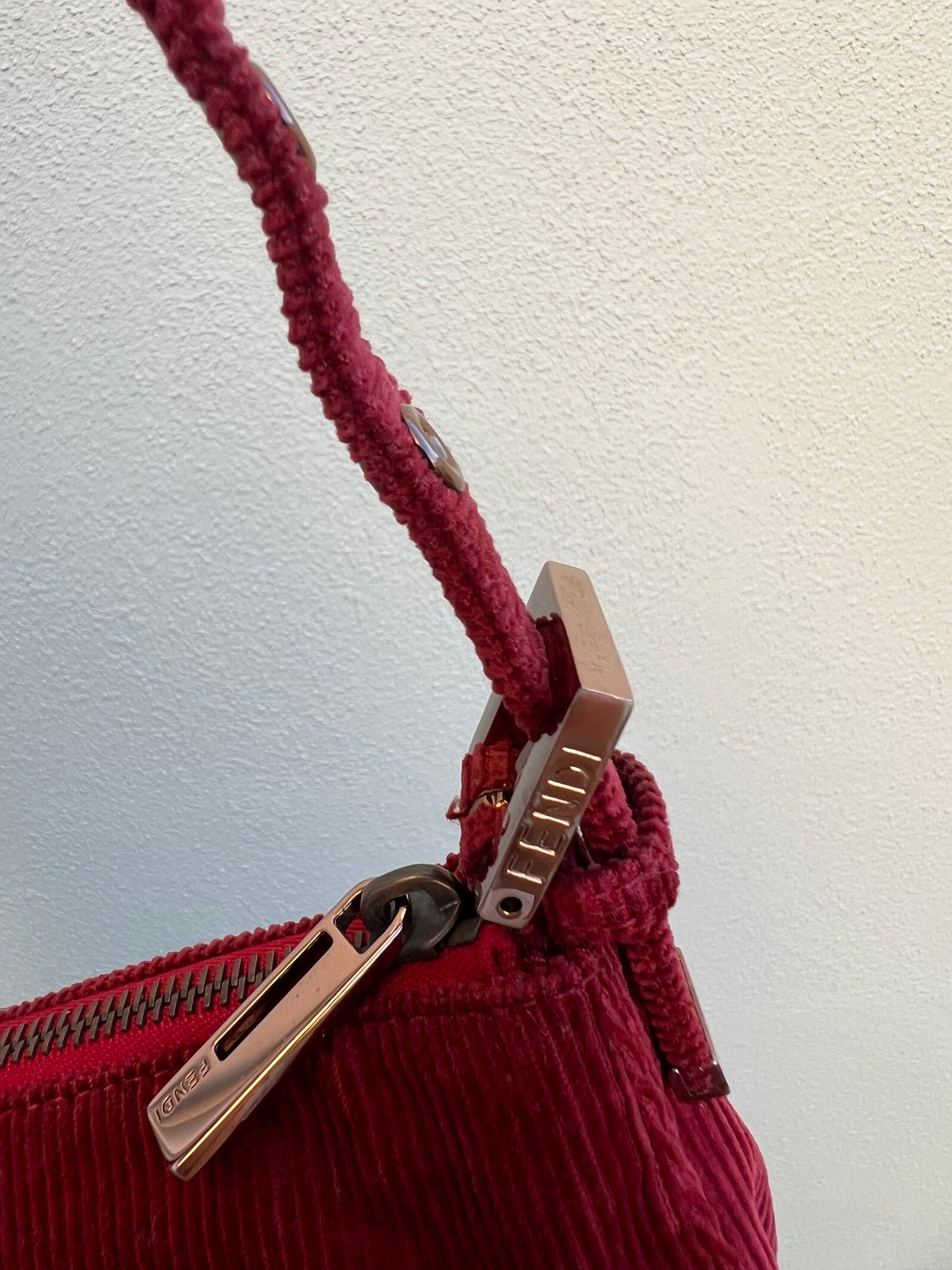 Pre-loved Fendi Red Corduroy Top-zip Baguette Shoulder Bag