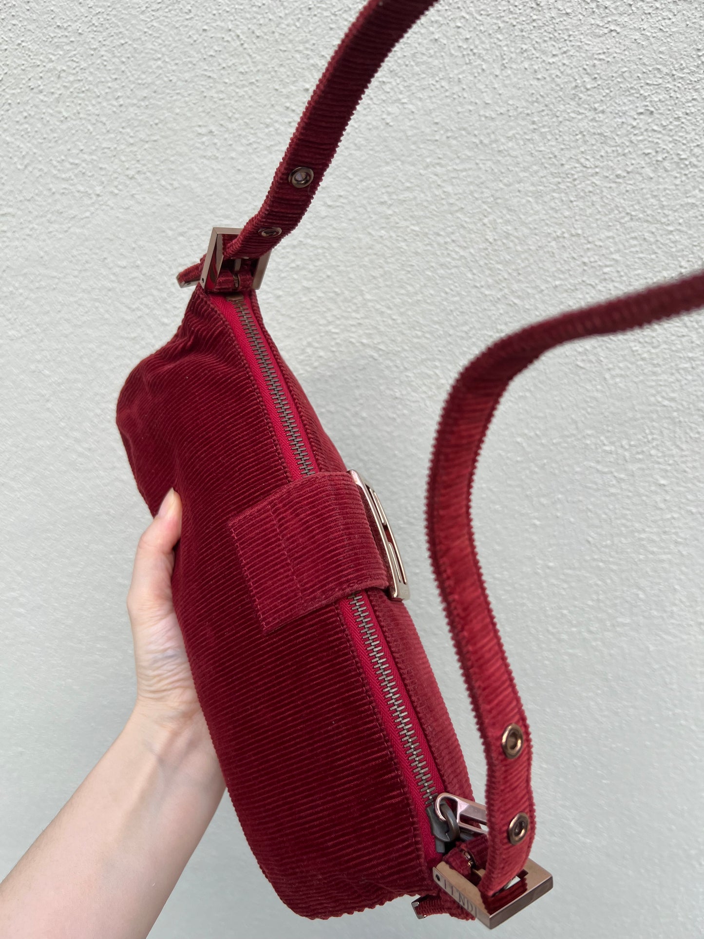 Pre-loved Fendi Red Corduroy Top-zip Baguette Shoulder Bag