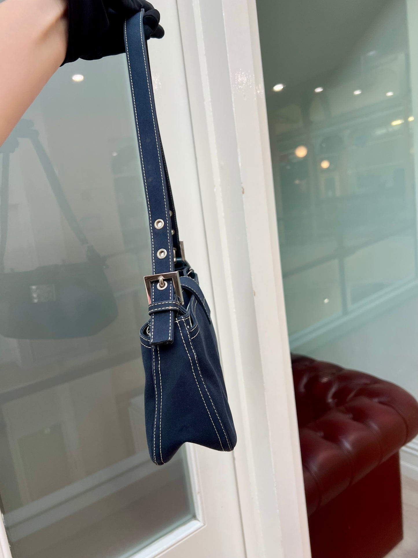 Pre- loved Fendi FF Denim Baguette Shoulder Bag Navy