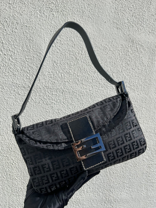 Pre-loved Fendi Vintage Mini Zucchino Pattern Baguette Handbag Black