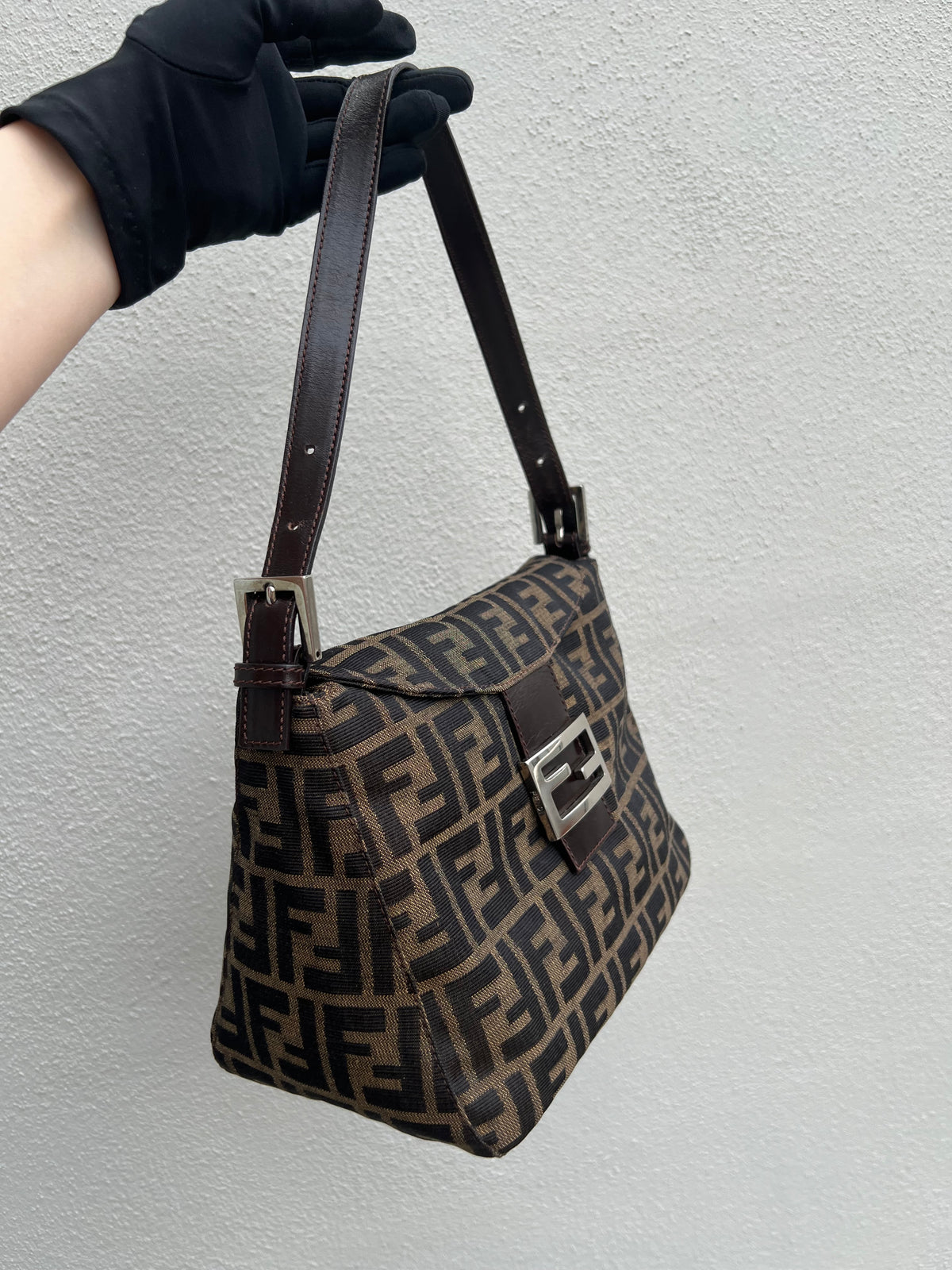 Pre-loved Fendi Zucca Double Flap Baguette Shoulder Bag