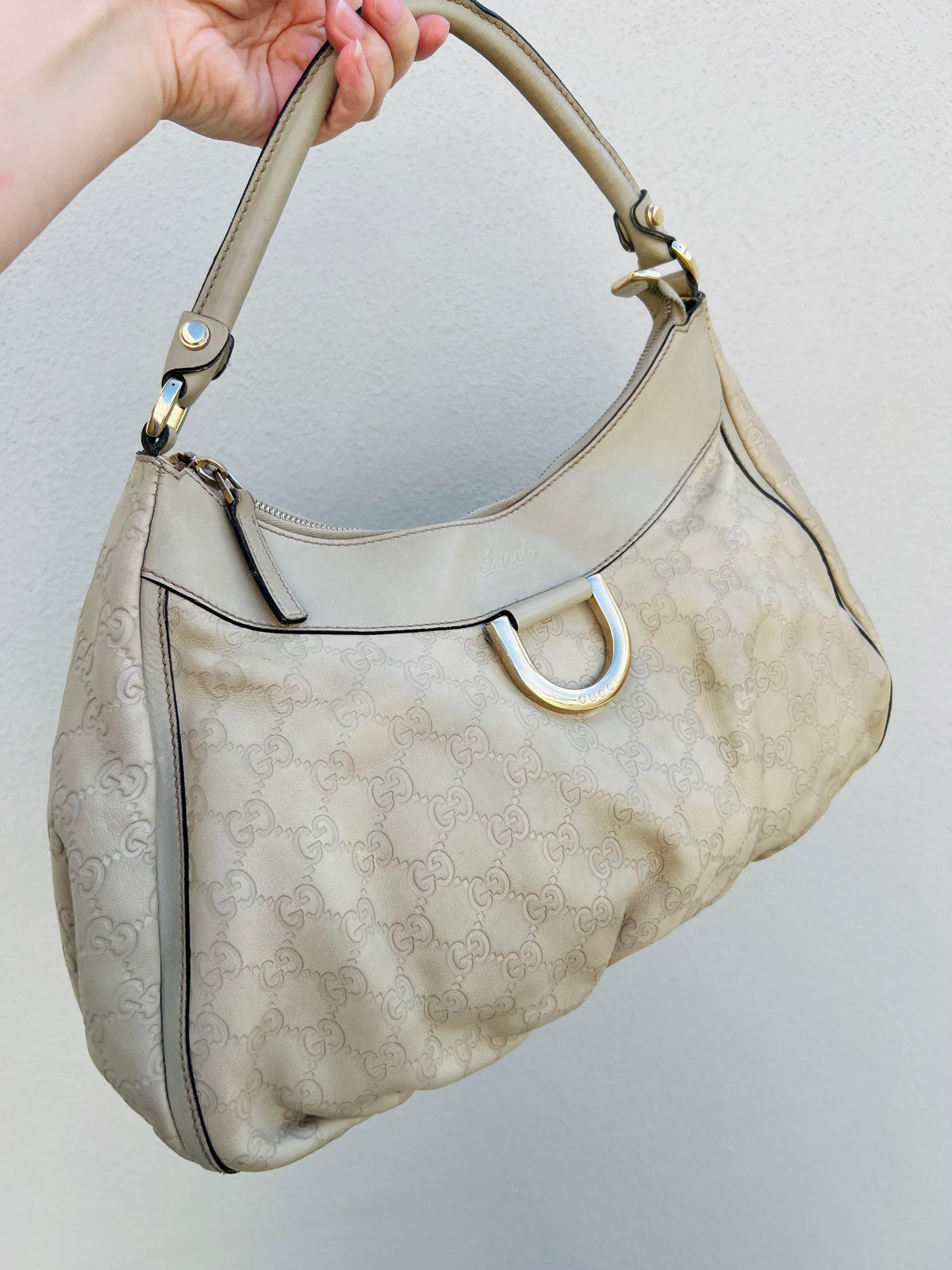 Pre-loved Gucci Abbey D-ring Guccissima Large Leather Hobo Bag Off White GHW