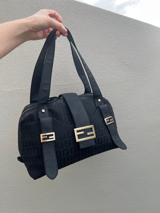 Pre-loved Mulitclasps Black Canvas and Leather Fendi Baguette Shoulder Bag