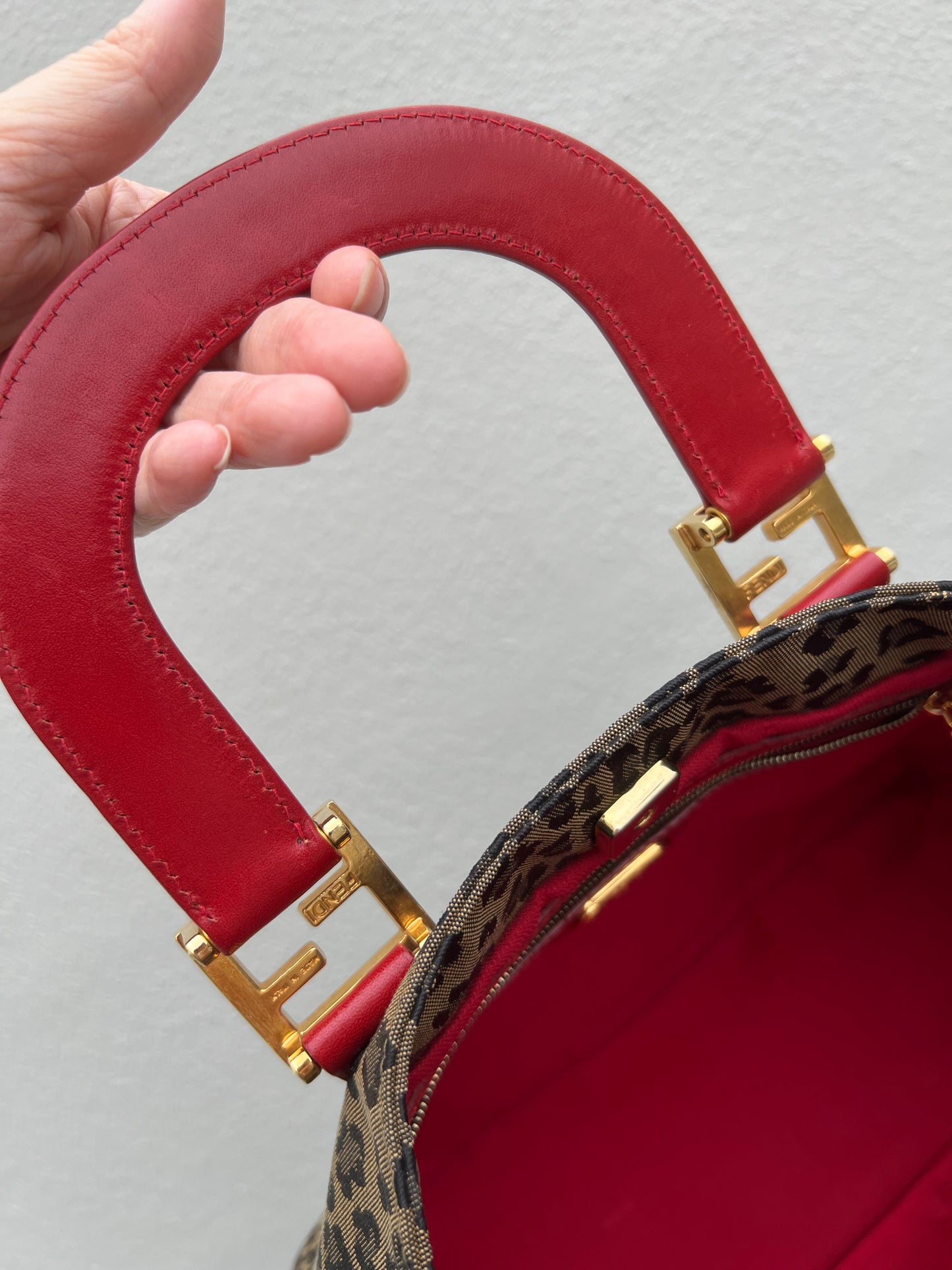 Pre-loved Fendi Leopard Print Tote Bag with Red Handles