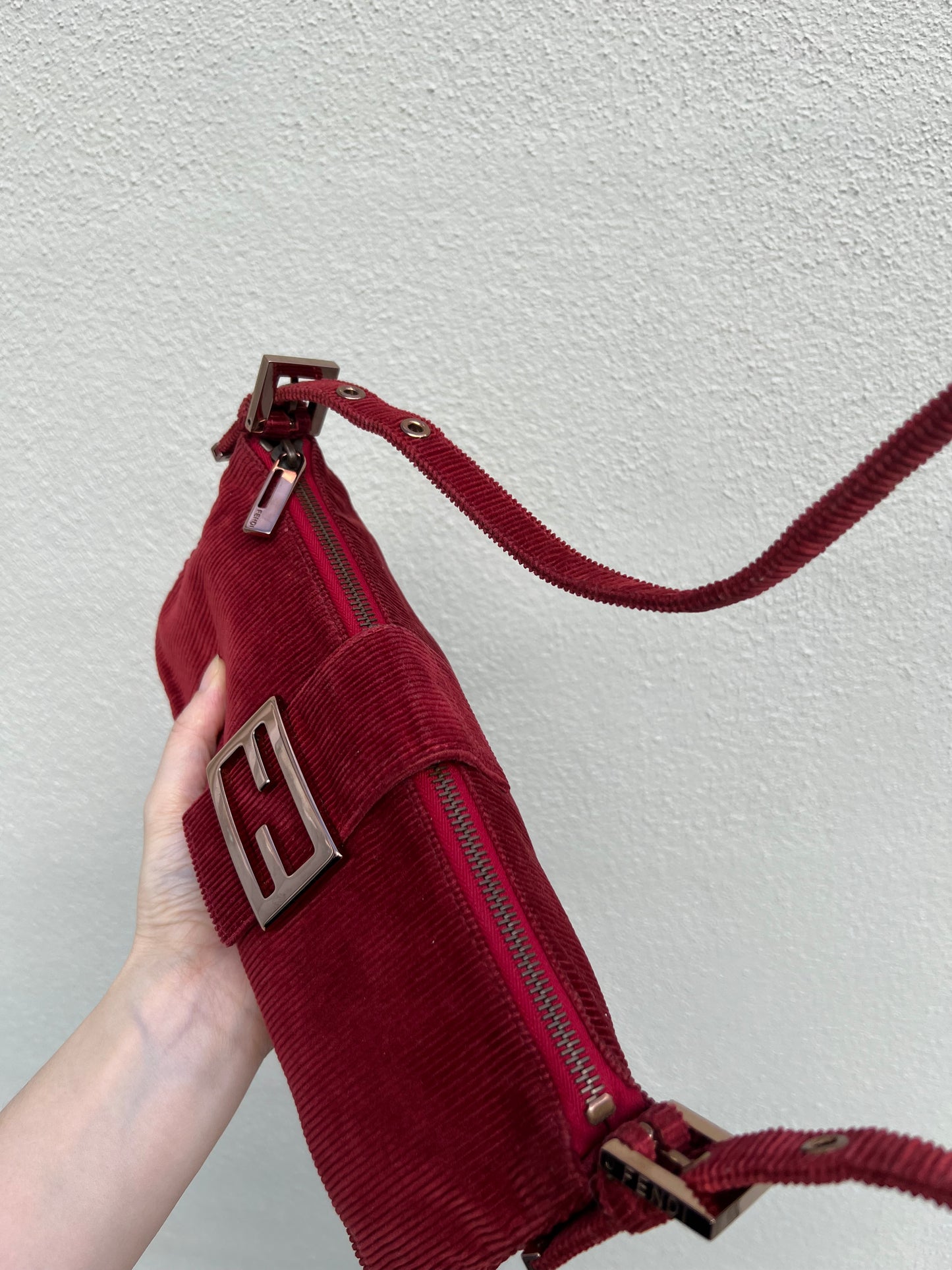 Pre-loved Fendi Red Corduroy Top-zip Baguette Shoulder Bag