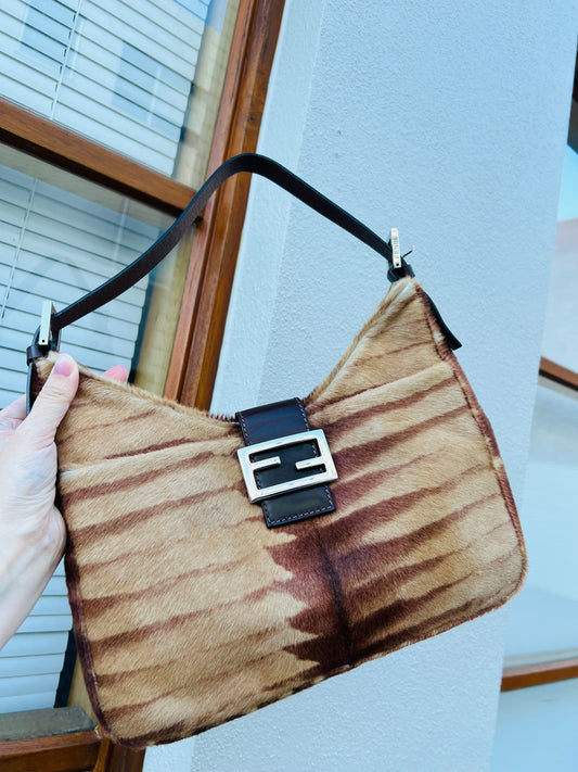 Pre-loved FENDI Mamma Baguette Shoulder Bag Pony Hair leather Brown