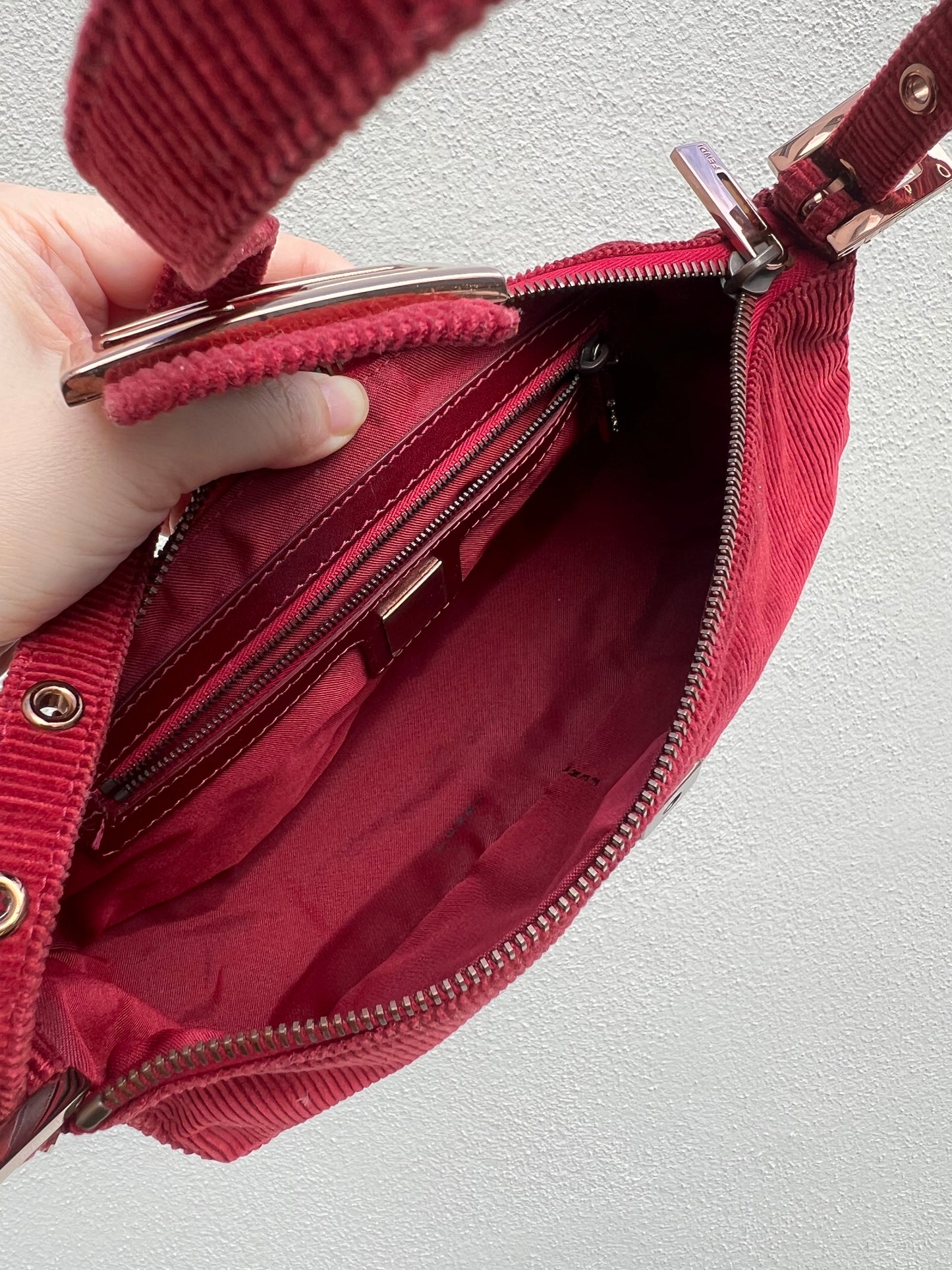 Pre-loved Fendi Red Corduroy Top-zip Baguette Shoulder Bag