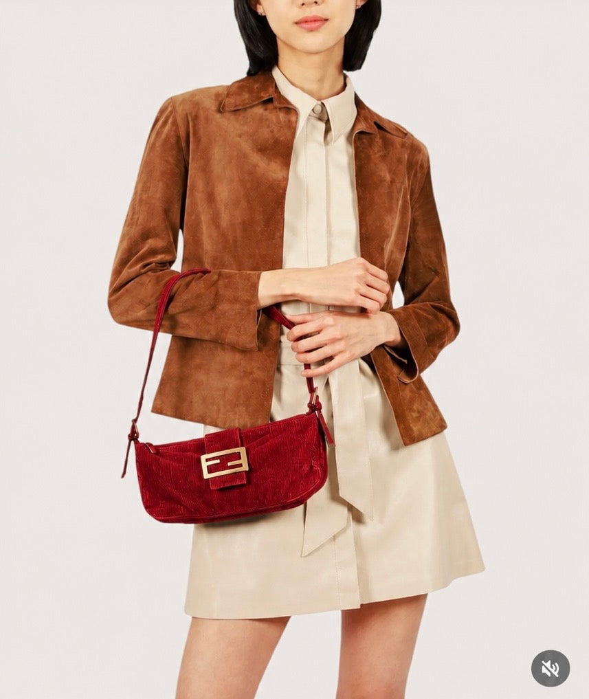 Pre-loved Fendi Red Corduroy Top-zip Baguette Shoulder Bag