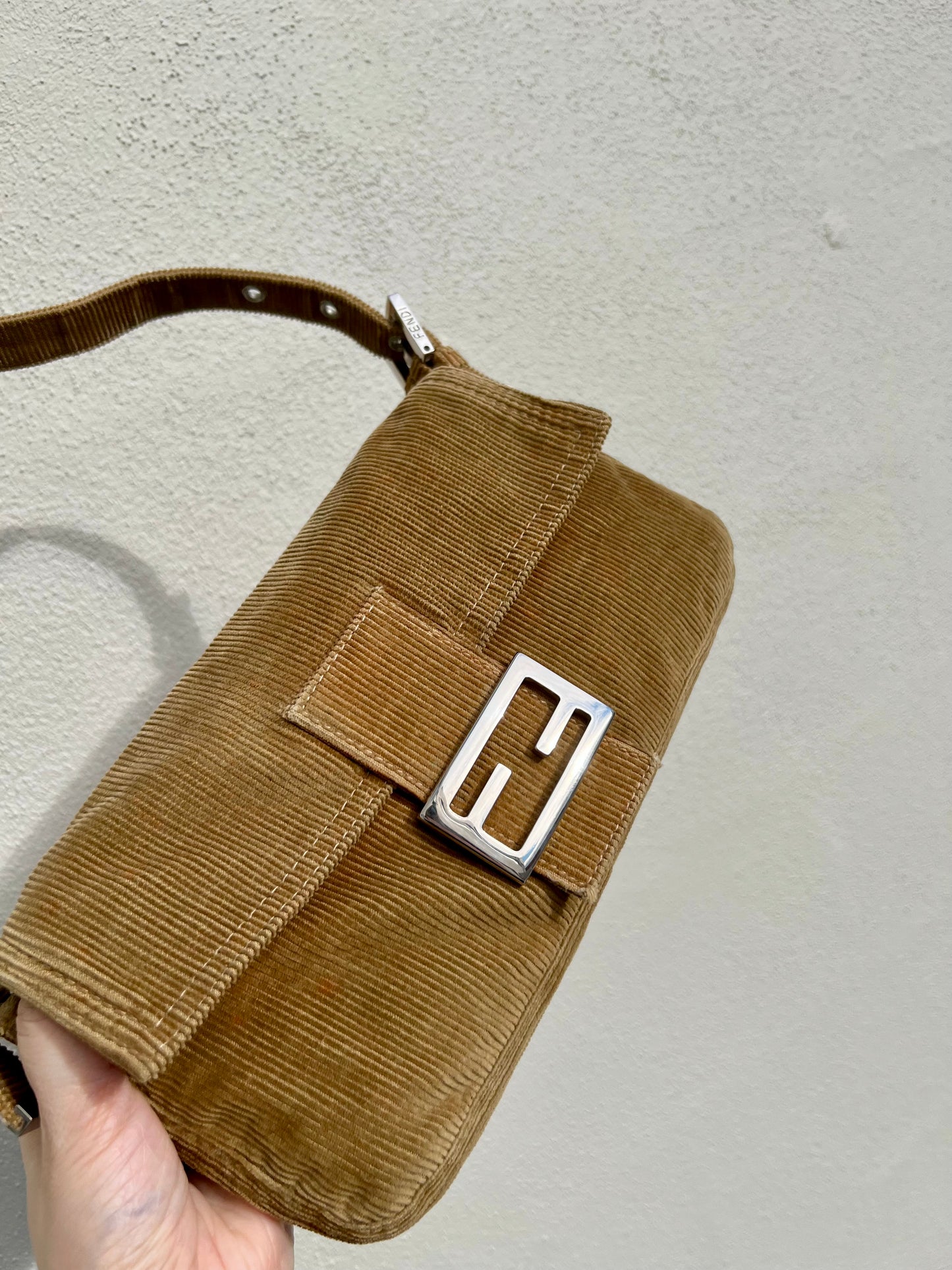 Pre-loved Fendi Camel-toned corduroy Corduroy Baguette Bag