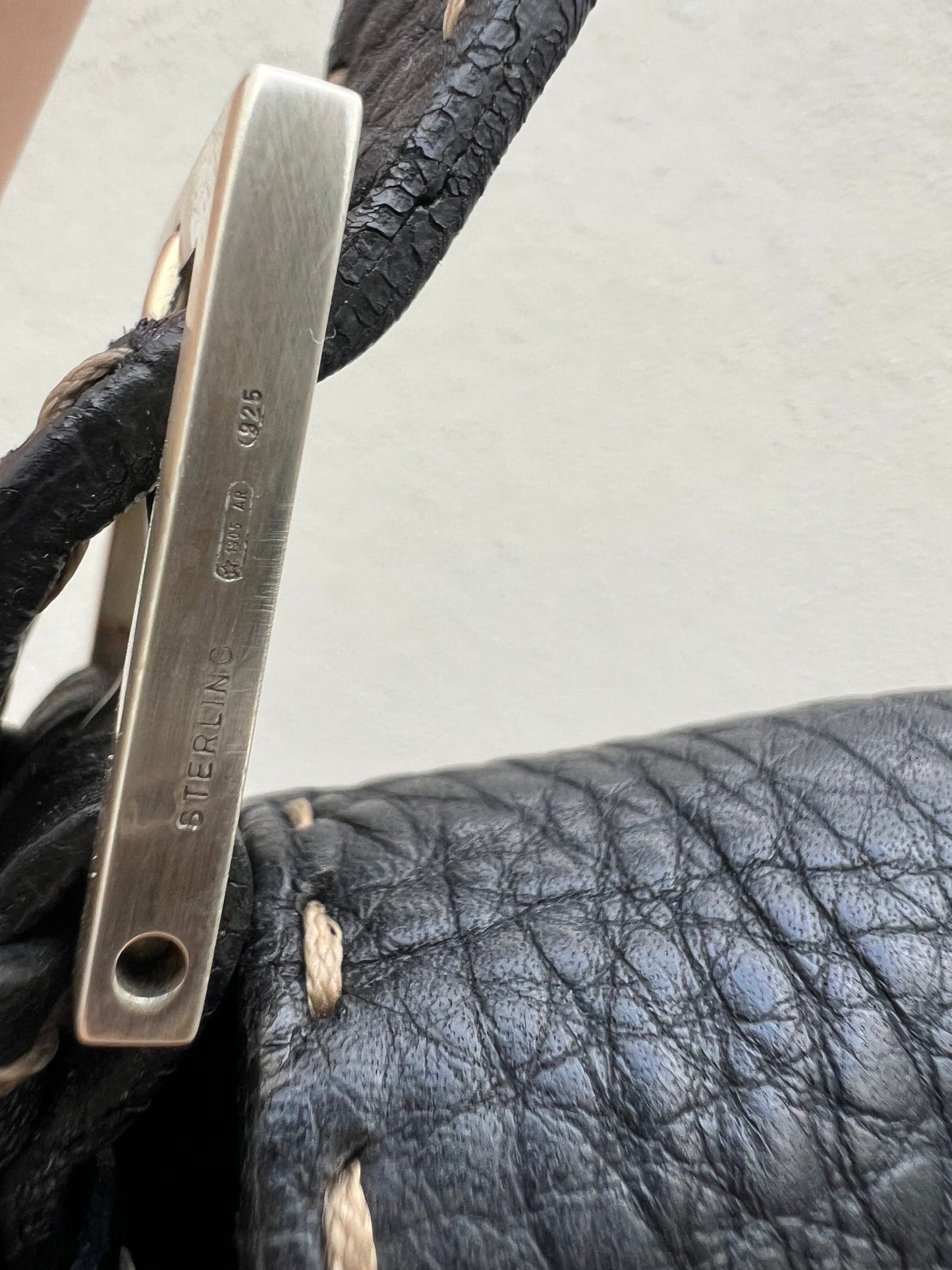 Pre-loved Fendi Baguette Black Cuoio Romano Leather Selleria with Sterling Silver Hardware