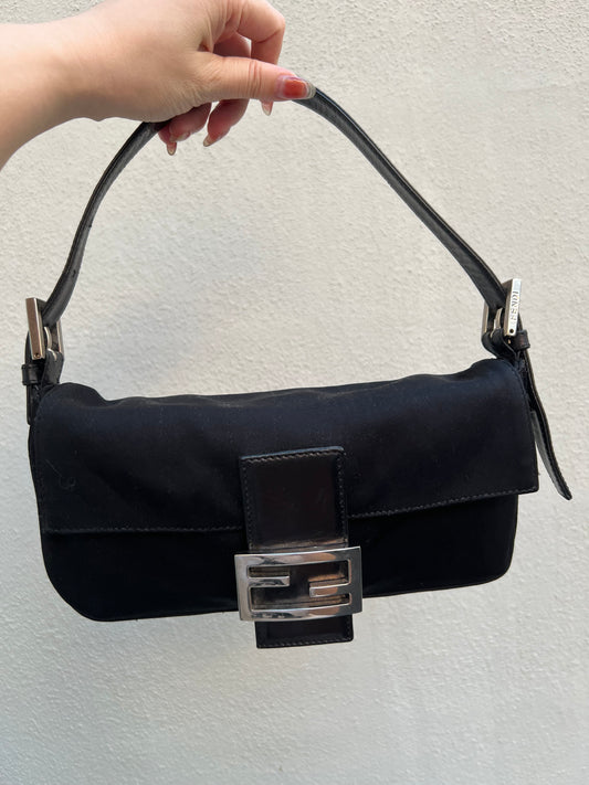 Pre-loved Fendi Vintage Nylon Baguette Shoulder Bag Black