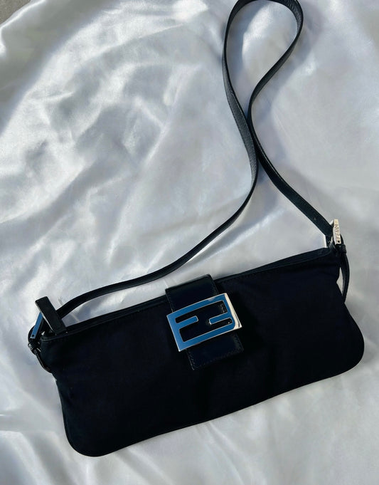 Pre-loved Fendi Vintage Nylon Baguette Crossbody Bag Black