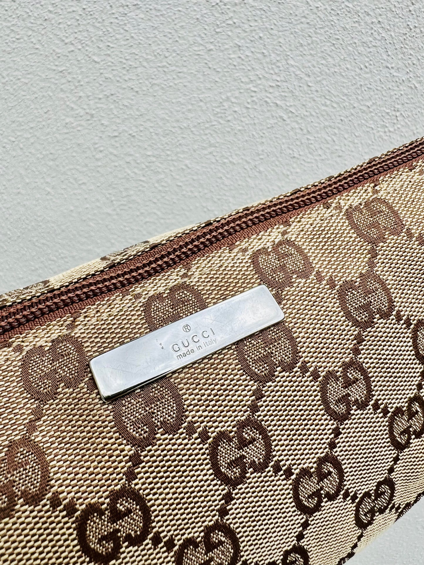 Pre-loved Gucci vintage GG Canvas Boat Baguette Bag Brown