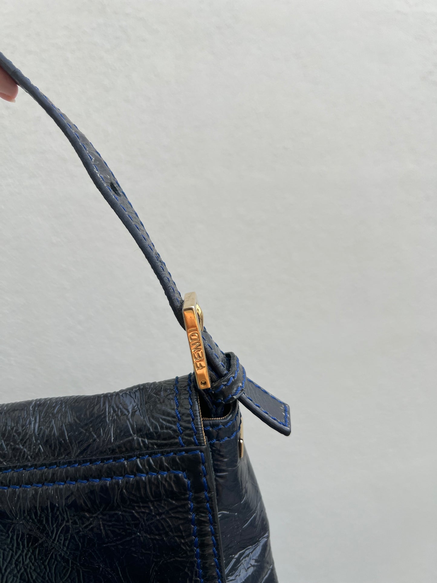 Pre-loved Fendi 3way Patent Leather Baguette Bag Navy Blue