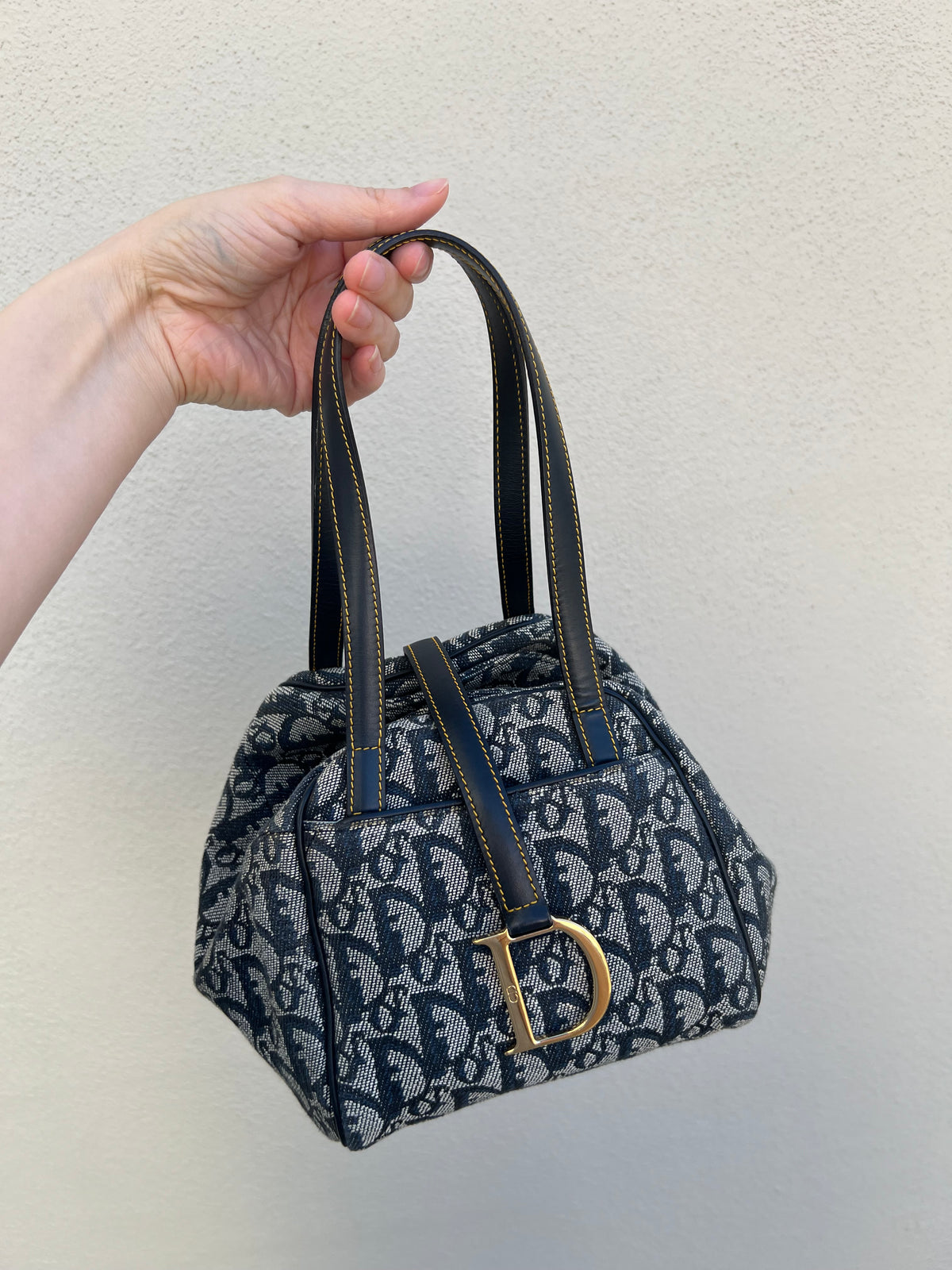Pre-loved Christian Dior Navy Blue Logo Canvas Small Satchel Tote Bag
