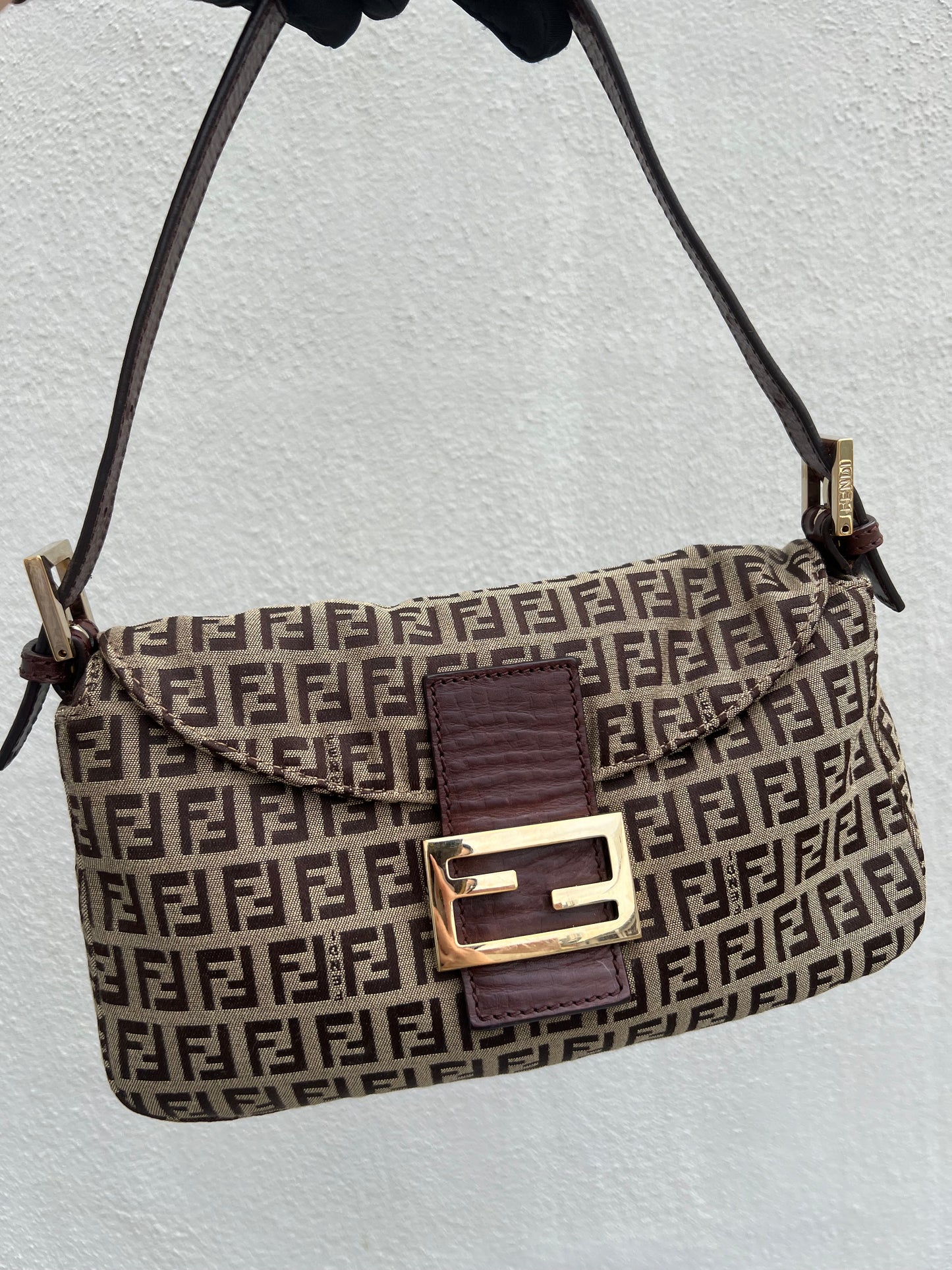 Pre-loved Fendi Vintage Zucchino Pattern Baguette Handbag Brown