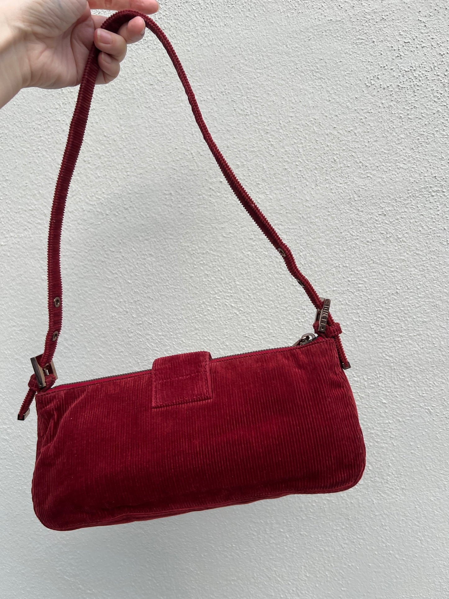 Pre-loved Fendi Red Corduroy Top-zip Baguette Shoulder Bag