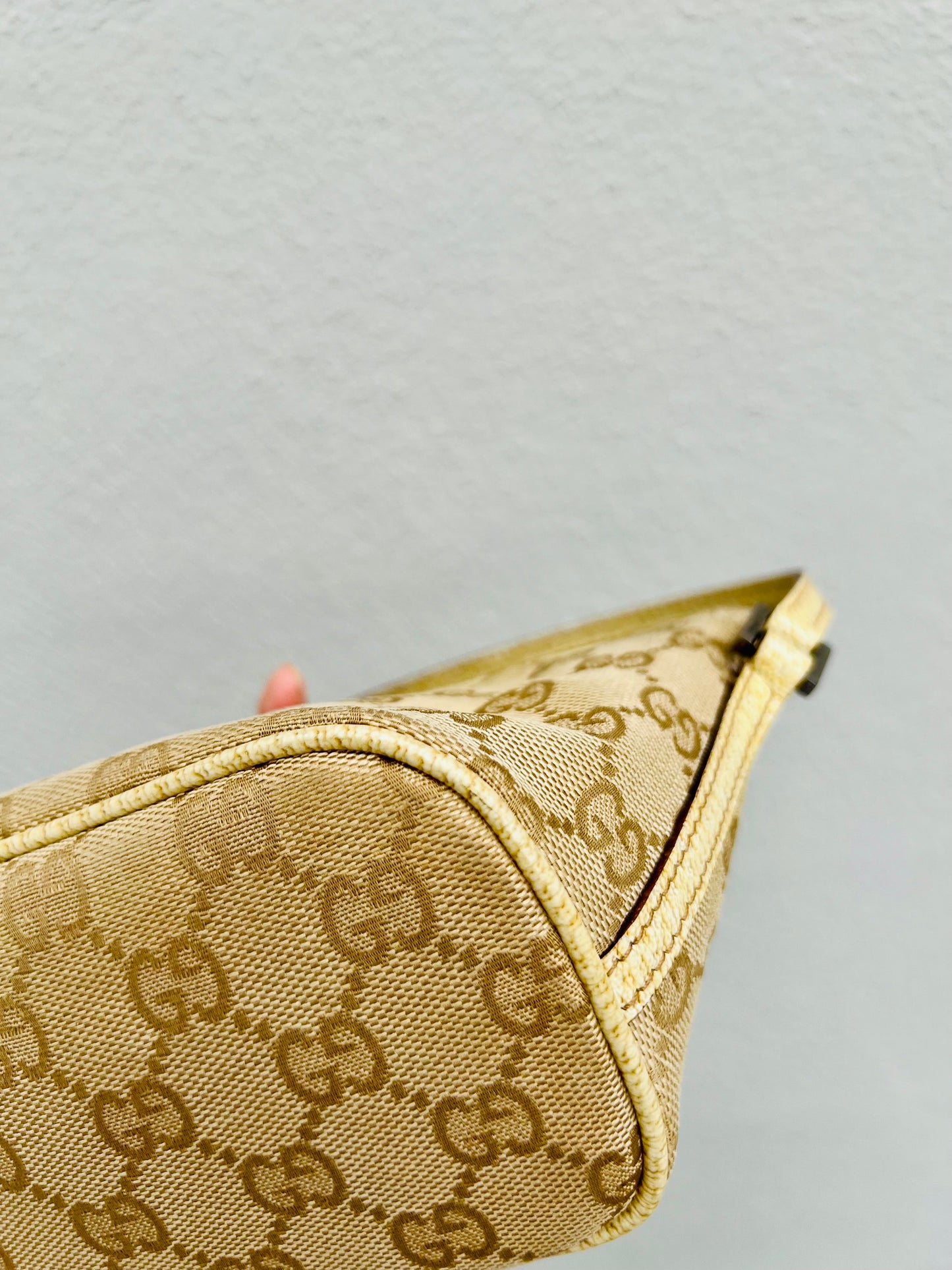 Pre-loved Gucci vintage GG Canvas Boat Baguette Bag Soft Lemon Sorbet Tone