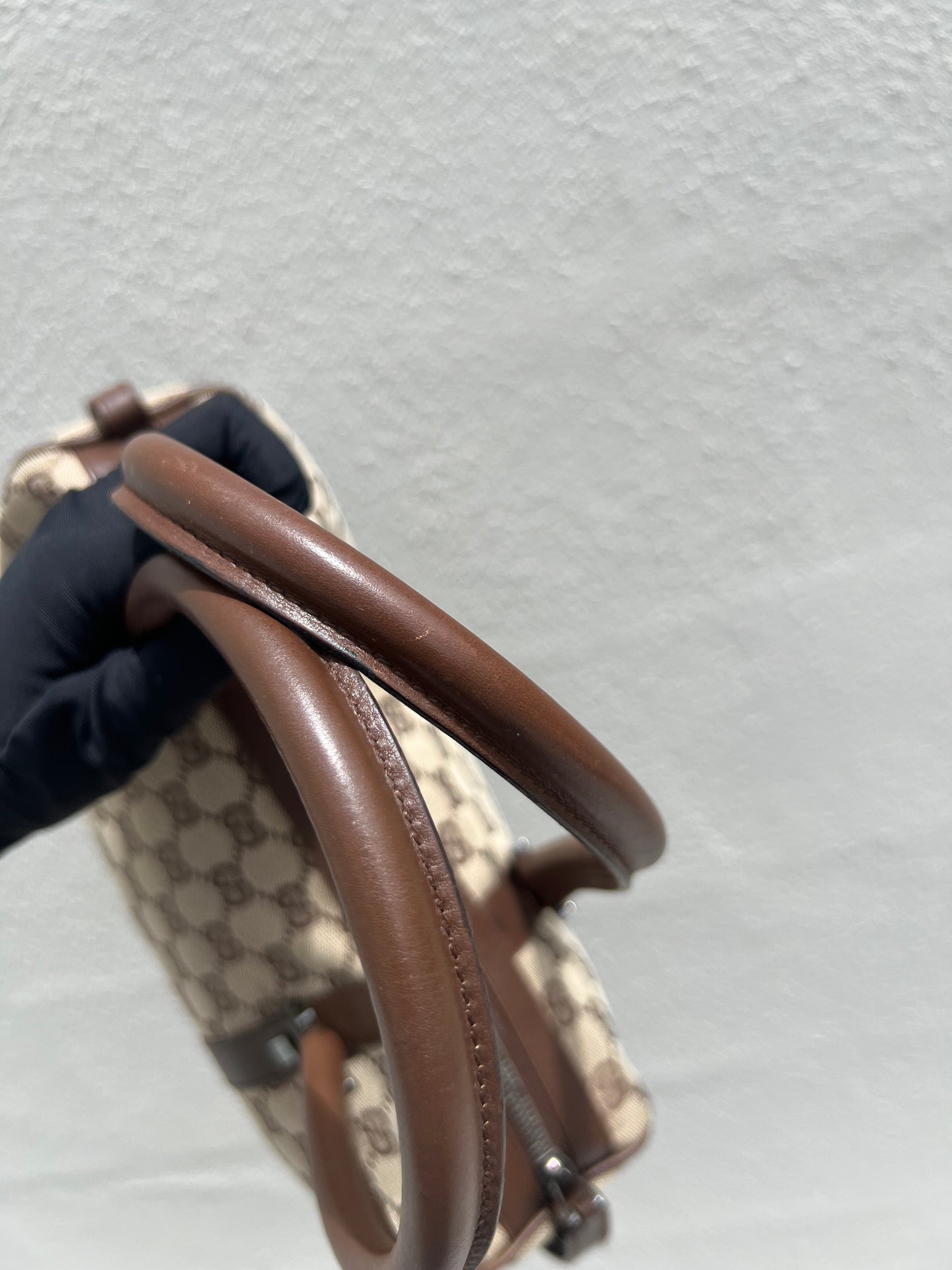 Pre- loved Gucci Beige/Brown GG Canvas and Leather Boston Bag