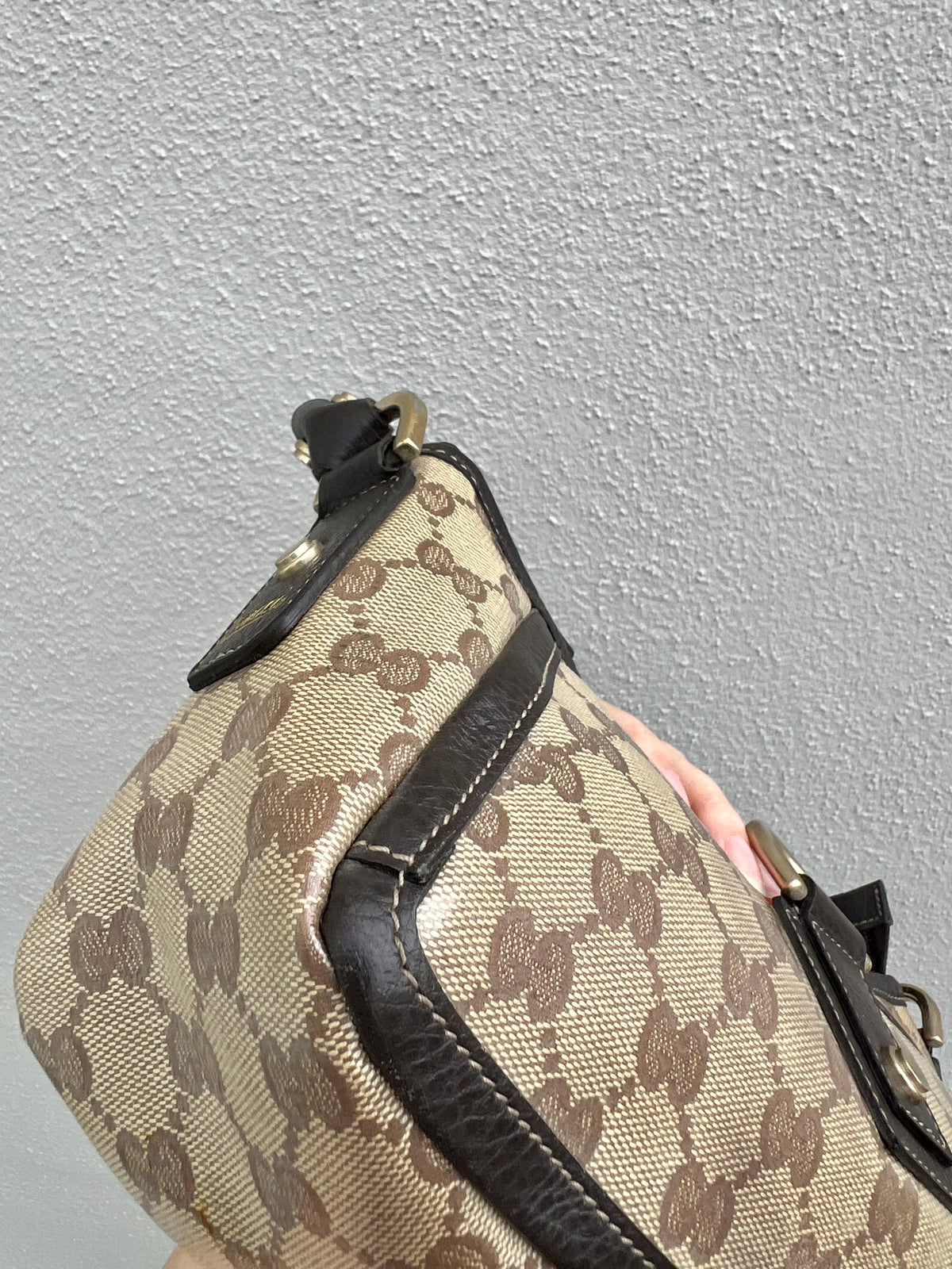 Pre-loved Gucci Crystal Coating GG Canvas Abbey Demi Hobo D-Ring Pochette