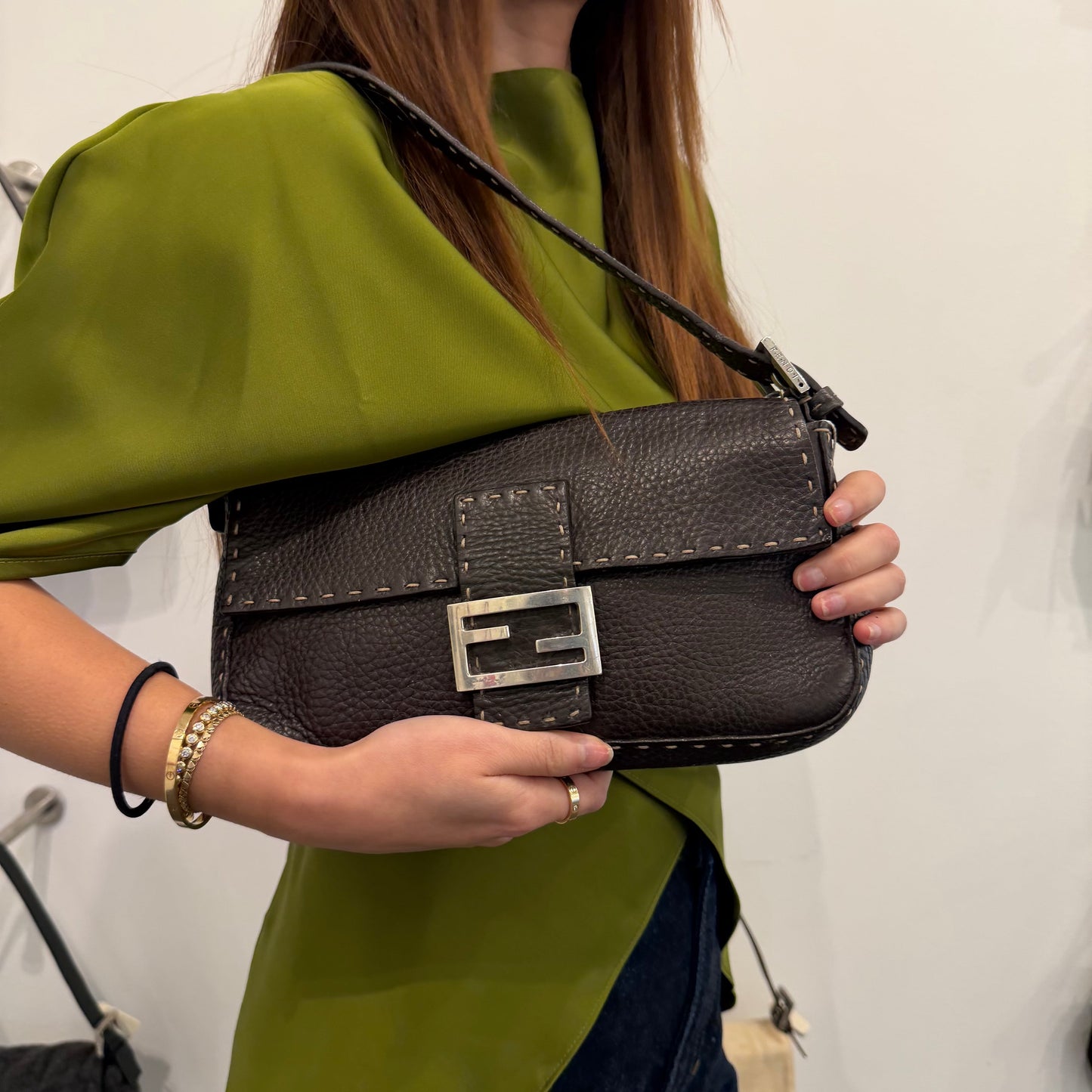 Pre-loved Fendi Baguette Black Cuoio Romano Leather Selleria with Sterling Silver Hardware